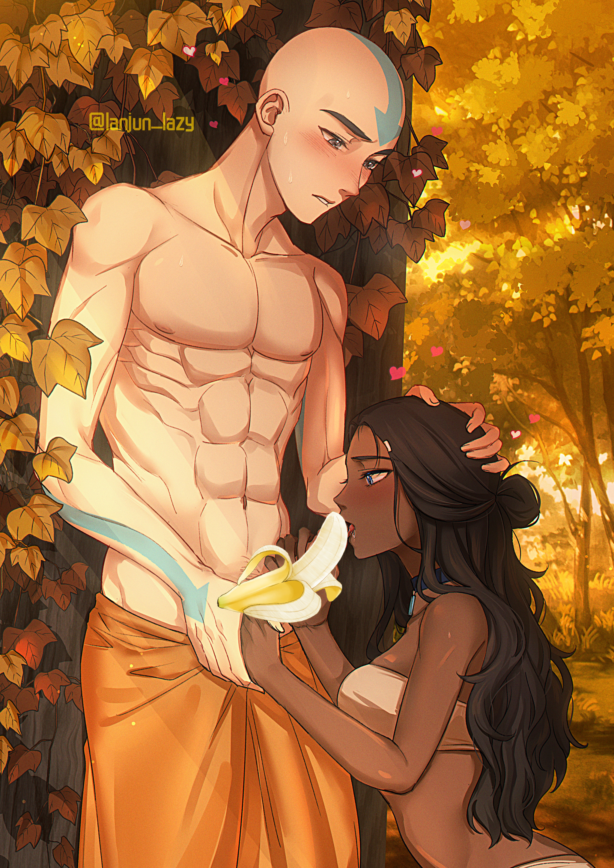 1boy, 1girls, aang, aged up, assertive female, avatar legends, avatar the last airbender, banana, banana penis, bikini, canon couple, censored, censored penis, dark skin, dark-skinned female, fellatio, female, forest, hand on another's head, hearts around head, katara, lanjunlazy, licking penis, light skin, light-skinned male, male, outdoor sex, penis, shorts down, swimwear, woods