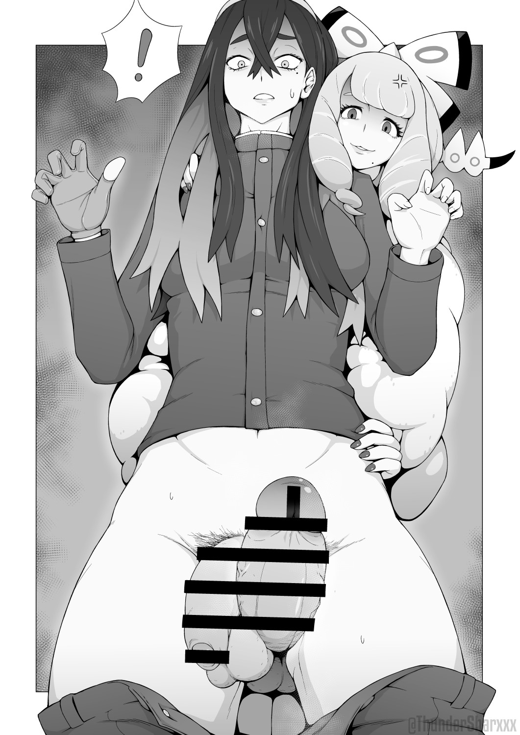 ! 2futas bottomless carmine_(pokemon) censored frottage futa_focus futa_only futanari human klara_(pokemon) monochrome pokemon thundersharxxx