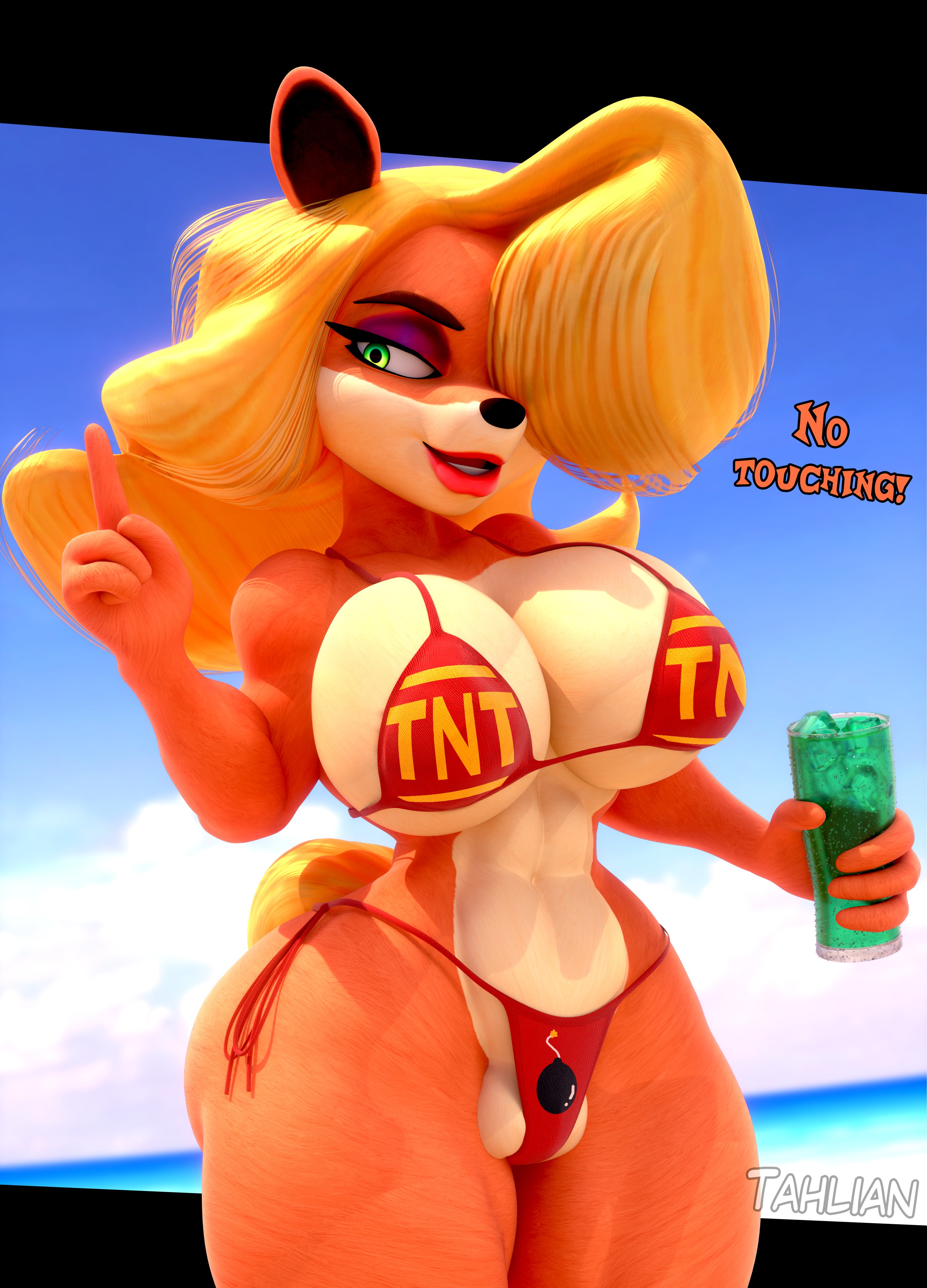 3d, 3d (artwork), anthro, bandicoot, bikini, blonde hair, breasts, cameltoe, cleavage, crash (series), english text, female, green eyes, huge breasts, lipstick, pussy, smile, solo, tahlian, tawna bandicoot