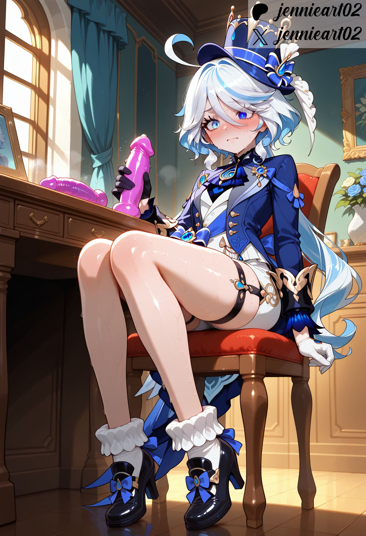 ahoge, ai generated, ascot, bangs, bare legs, black footwear, black gloves, blue bow, blue eyes, blue flower, blue hair, blue headwear, blue jacket, blush, bow, breasts, bridal garter, chair, closed mouth, clothing, crossed legs, cup, curtains, dildo, dress, female, female only, flower, footwear, frills, furina (genshin impact), gem, genshin impact, gloves, hair between eyes, hair ornament, hat, hat bow, hat flower, headwear, heterochromia, high heels, holding, indoors, jacket, jennieart02, jewelry, legs, legwear, light blue hair, long hair, long sleeves, looking at viewer, mismatched pupils, multicolored hair, on chair, painting (object), patreon, patreon logo, patreon username, potted plant, reflection, sex toy, shiny skin, shirt, shoes, short shorts, shorts, sidelocks, sitting, small breasts, smile, socks, solo, streaked hair, sweat, table, thigh strap, thighs, top hat, twitter, twitter username, watermark, white gloves, white hair, white legwear, white shorts, white socks, window