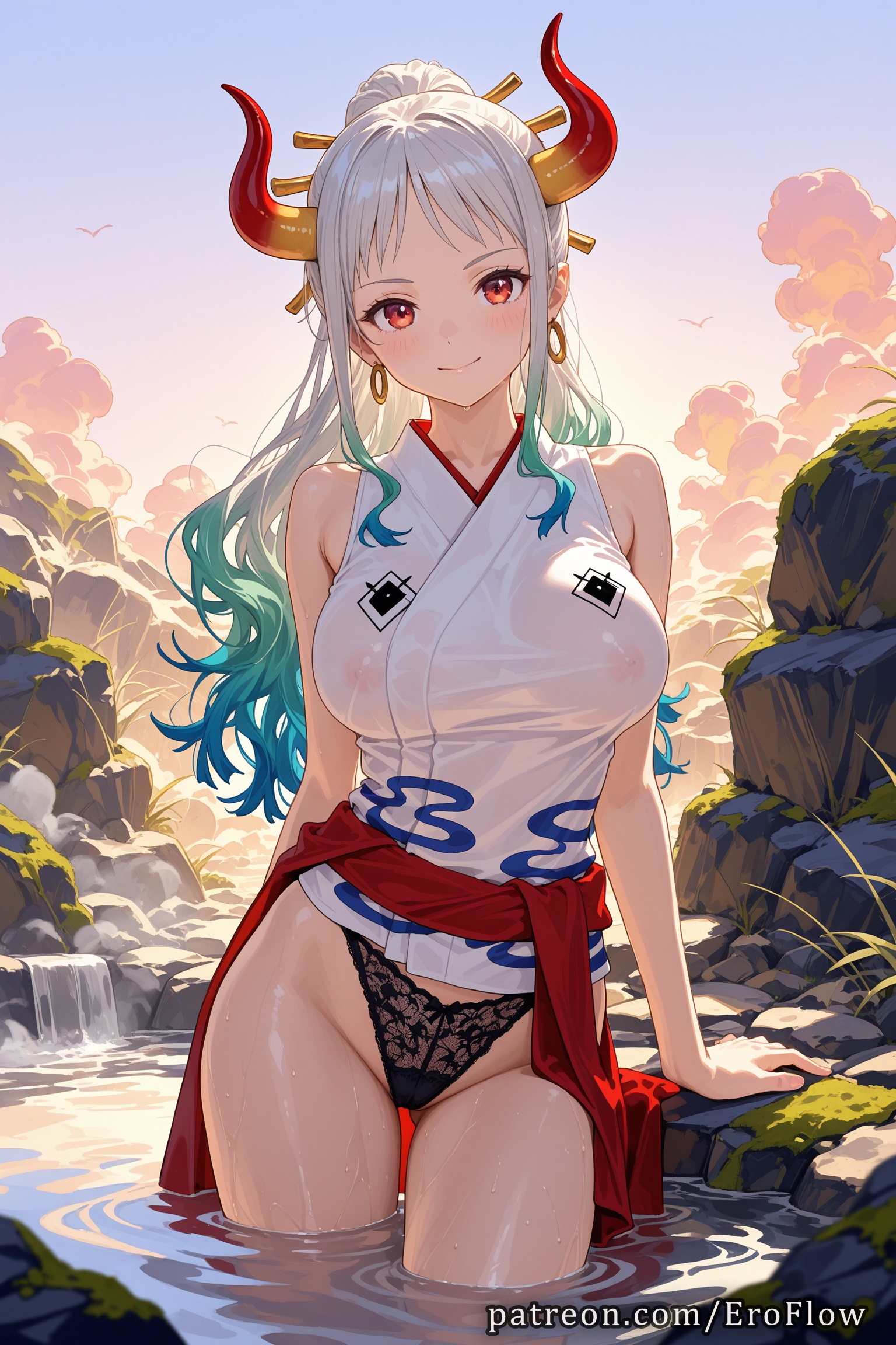 1girls, 2025, ai generated, bare shoulders, black panties, blush, breasts, closed mouth, clothing, covered nipples, curled horns, earrings, eroflow, female, female only, hair ornament, hair stick, hakama, hi res, highres, hoop earrings, horns, japanese clothes, jewelry, kimono, lace panties, large breasts, long hair, looking at viewer, one piece, one piece swimsuit, outdoors, panties, pantsu, patreon, red eyes, red horns, see-through, sidelocks, sky, sleeveless, smile, solo, thighs, underwear, voluptuous, voluptuous female, wano country, water, wet, wet clothes, white hair, yamato, yamato (one piece), yamato (one piece) (cosplay)