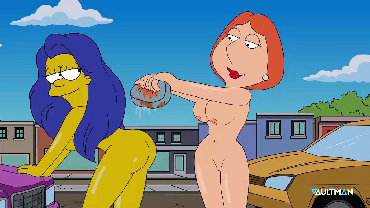 accurate art style, blue hair, car, crossover, family guy, female, lois griffin, marge simpson, orange hair, outdoors, posing, public, sponge, the simpsons, vaultman, yellow skin
