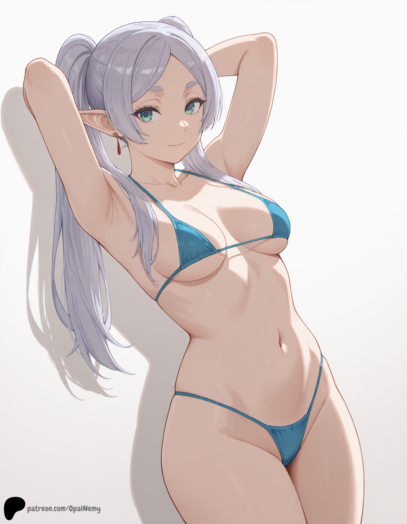 1girls, ai generated, armpits, arms behind head, arms up, bangs, bikini, blue eyes, breasts, earrings, female, female only, frieren, hair over shoulder, hi res, high quality, high resolution, highres, legs, light smile, lips, long hair, looking at viewer, medium breasts, micro bikini, midriff, navel, nose, opal nemy, patreon, patreon username, plain background, pointy ears, self upload, shadow, simple background, sousou no frieren, swimsuit, thick eyebrows, thighs, watermark, white background, white hair
