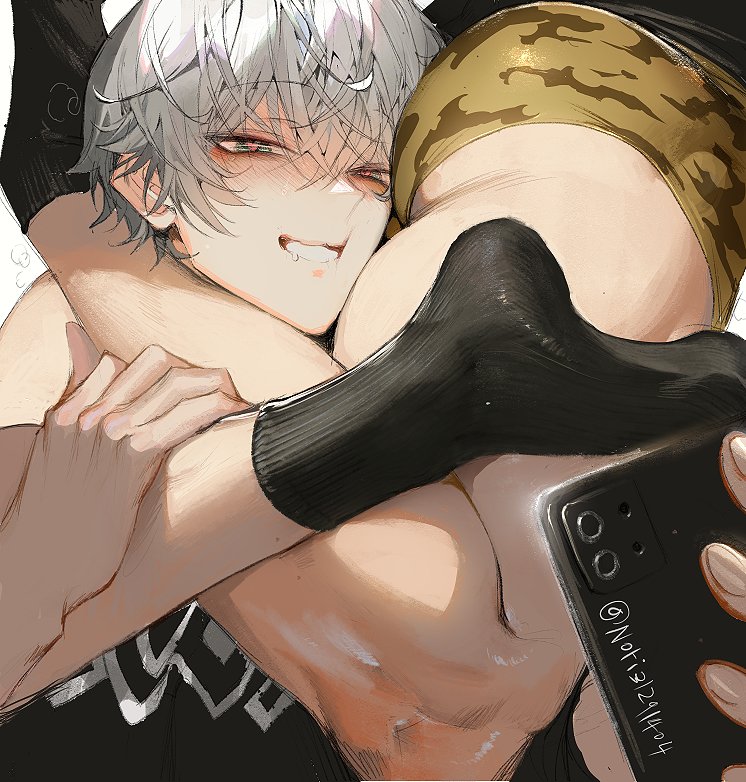 2boys, gay, gay male, head between thighs, head on ass, head scissors, heart-shaped pupils, lighter (zenless zone zero), male only, nori31291404, pantless, phone, selfie, smiling at viewer, socks, tagme, thick thighs, underwear, white hair, wise (zenless zone zero), yaoi, zenless zone zero