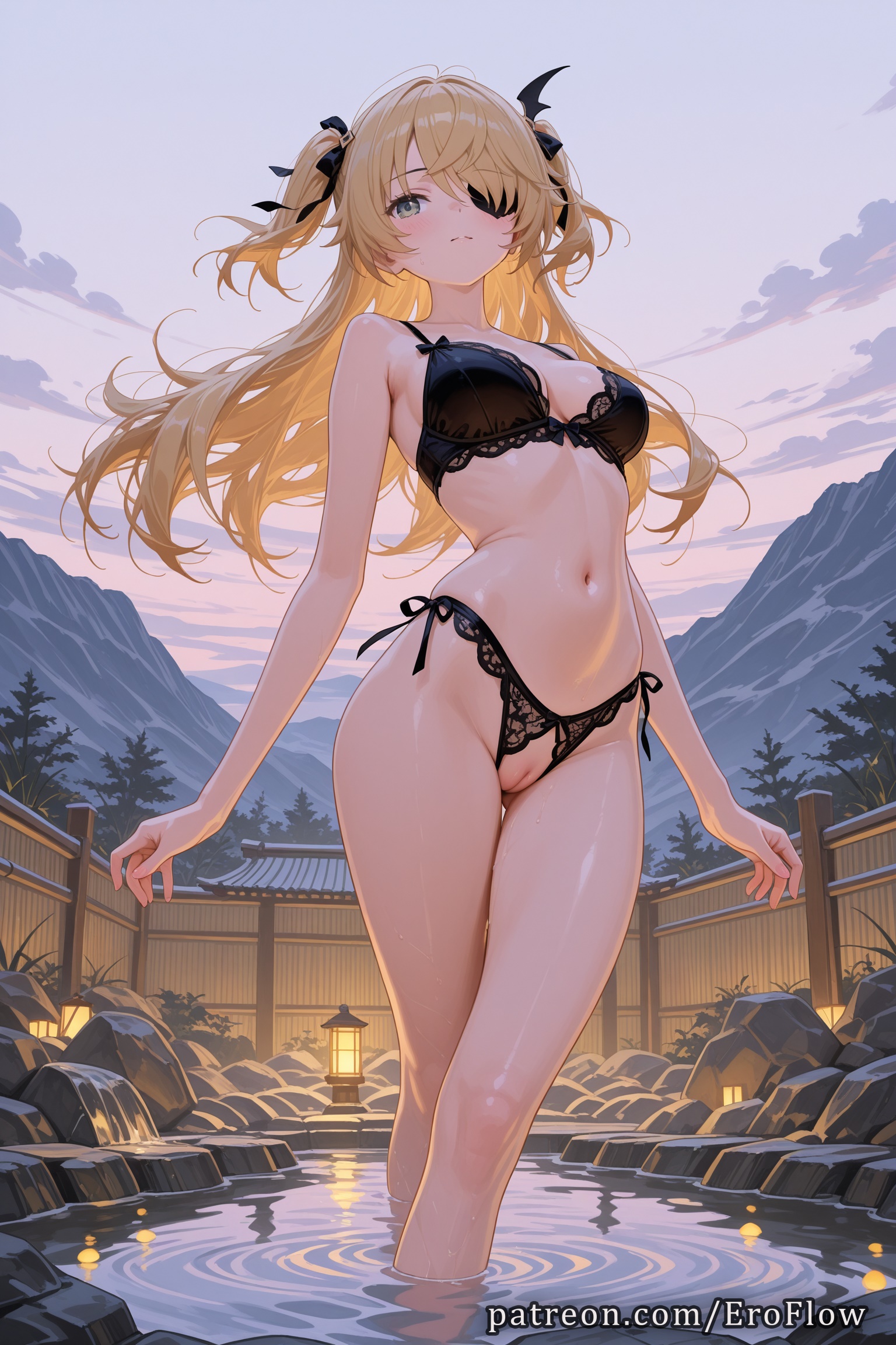 1girls, 2025, ai generated, bare arms, bare shoulders, black bra, black panties, black ribbon, blonde hair, blush, bra, breasts, cleavage, cleft of venus, eroflow, eyepatch, female, fischl (ein immernachtstraum) (genshin impact), fischl (genshin impact), genshin impact, green eyes, hair over one eye, hair ribbon, hi res, highres, hoyoverse, lace-trimmed bra, lingerie, long hair, looking at viewer, medium breasts, mihoyo, mihoyo technology (shanghai) co. ltd., mountain, navel, onsen, outdoors, panties, patreon, pussy, ribbon, side-tie panties, sky, solo, standing, stomach, string bra, thighs, two side up, underwear, underwear only, voluptuous, voluptuous female, water, wig