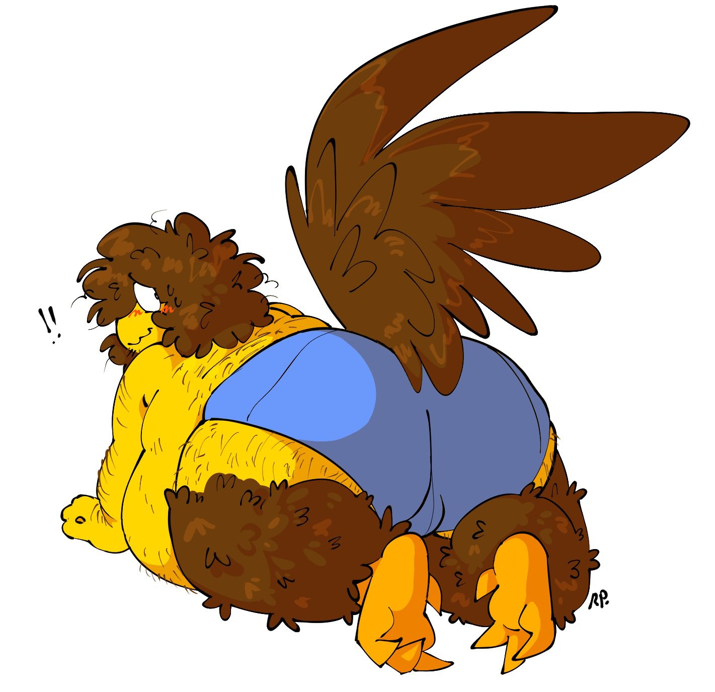 1boy, belly on ground, blue underwear, brown hair, bulge, butterslug, chicken butt, chicken feet, chicken tail, hair feathers, hairy, male, mostly nude, roblox, roblox admins, robloxian, rooster tail, rooster talons, shedletsky, tagme, yellow skin