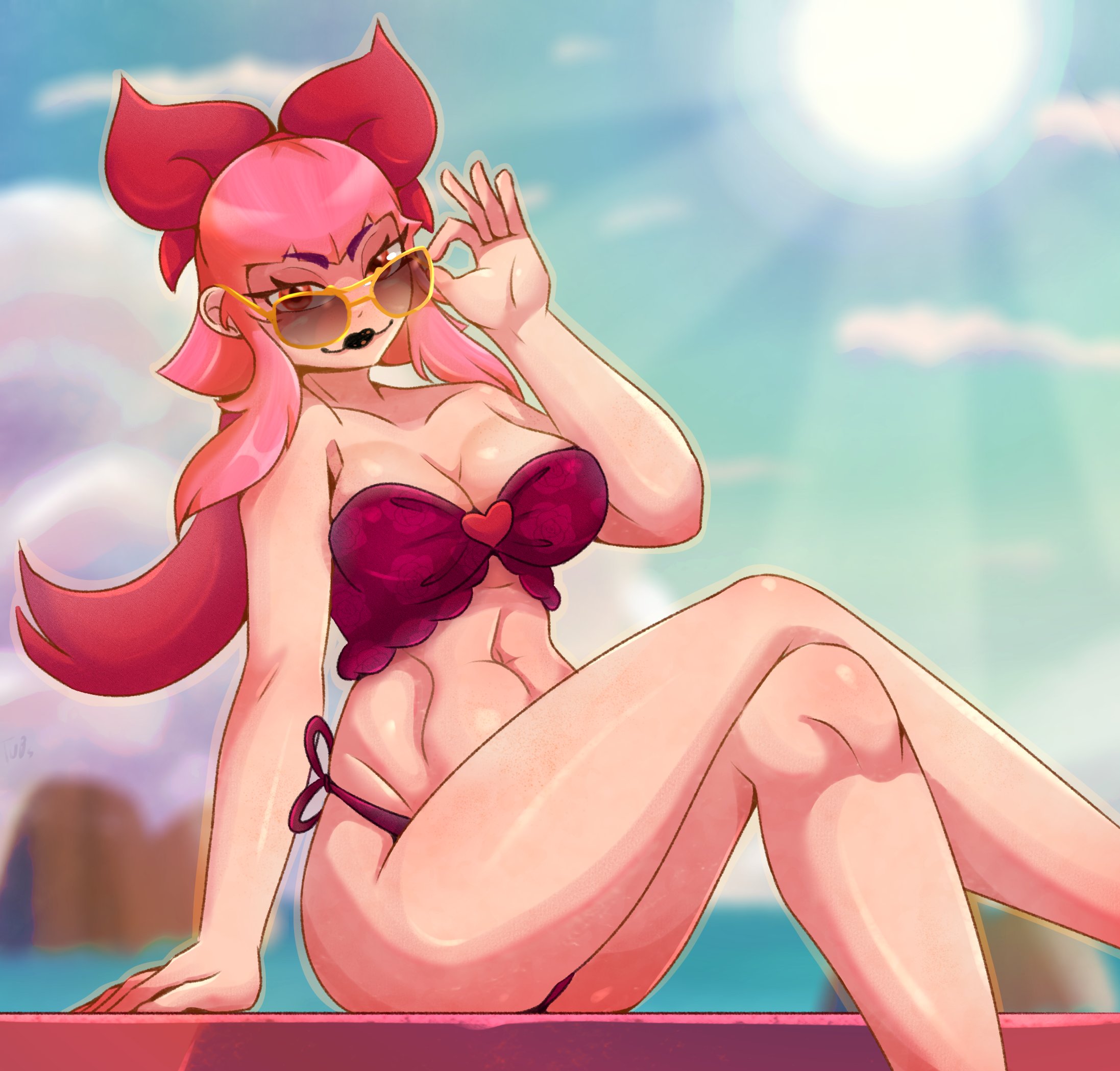 adjusting eyewear, asian female, beach, big ribbon, bikini, brawl stars, female, female only, korean, looking at viewer, looking over eyewear, looking over sunglasses, melodie (brawl stars), pattern bikini, pink hair, red ribbon, ribbon, seductive look, sitting, solo, solo female, sunglasses, supercell, tinted eyewear, tubstrokes