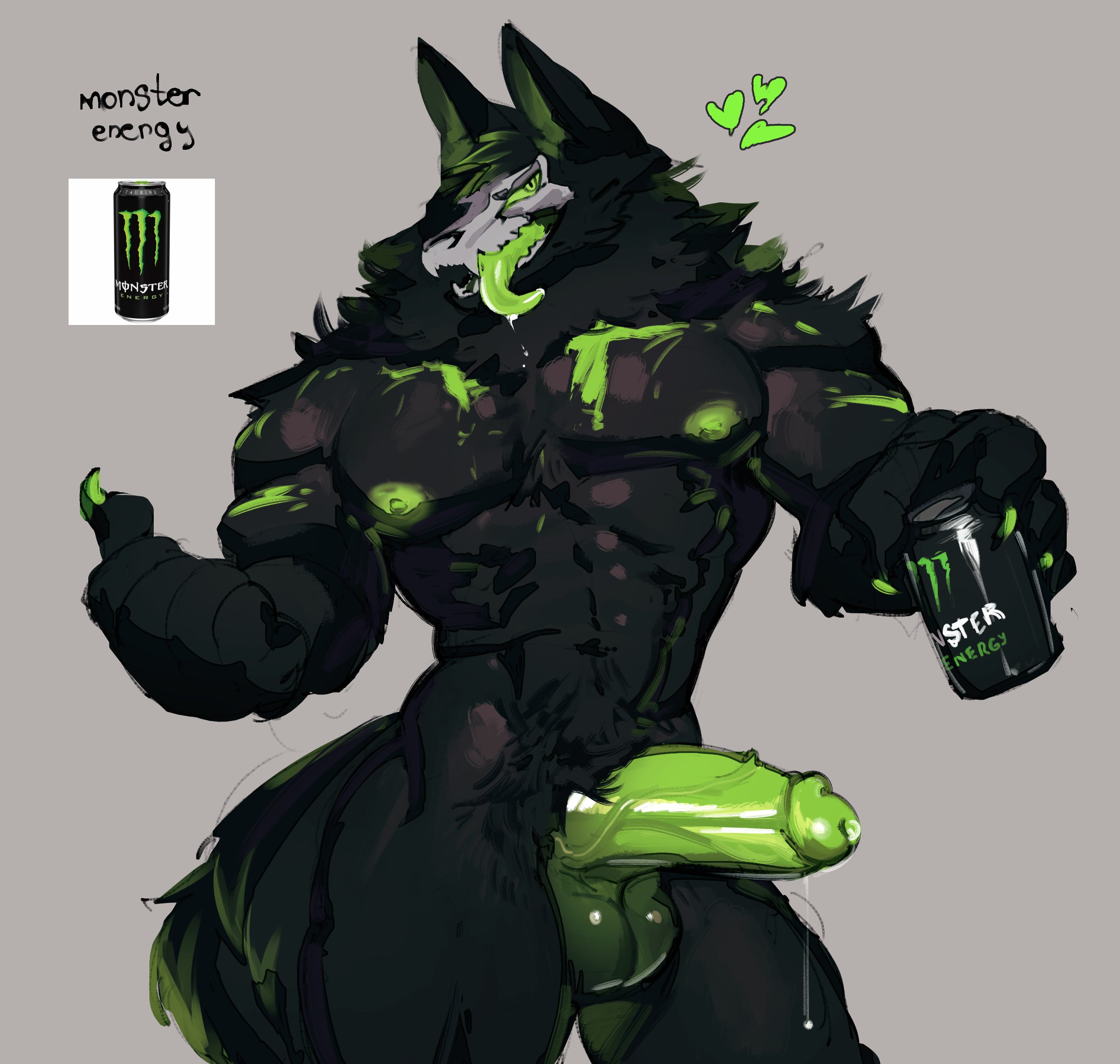 2025, 5 fingers, abs, absurd res, anthro, balls, beverage, black body, black fur, bodily fluids, bone, can, claws, container, english description, erection, fingers, front view, fur, gay, gay male, genital fluids, genitals, green claws, green eyes, green nipples, green penis, green tongue, grey background, heart symbol, hi res, holding beverage, holding can, holding container, holding object, humanoid genitalia, humanoid penis, kogito, leaking precum, male, monster energy, muscular, muscular anthro, muscular arms, muscular male, nipples, open mouth, penis, precum, precum string, reference image, simple background, skull, skull head, skulldog (species), solo, tail, tongue, tongue out, vein, veiny penis, yaoi