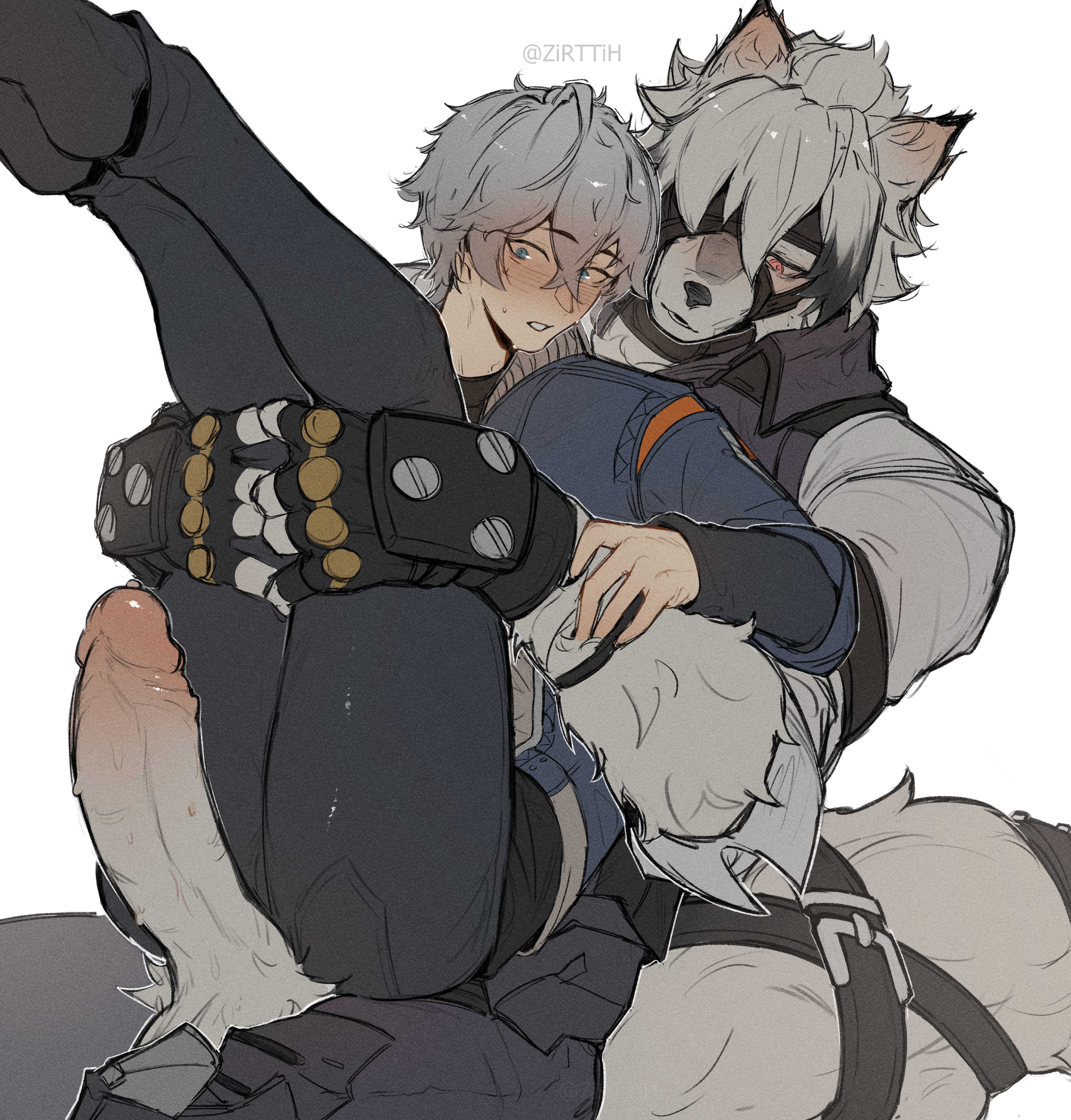 2boys, absurd res, anthro, anthro on human, artist name, ass, balls, big penis, blue eyes, blush, blushing, bodily fluids, boner, calves, canid, canine, canis, clothed, clothed male, clothing, duo, erection, fingerless gloves, fluffy tail, from behind position, front view, fully clothed, fur, furry, gay, genital fluids, genitals, gloves, grey hair, hair, handwear, hi res, holding legs, holding partner, huge cock, human, human on anthro, humanoid genitalia, humanoid penis, large penis, legs held up, legs together, legs up, light skin, light-skinned male, looking at partner, male, male only, male/male, multiple boys, multiple males, nervous, open mouth, partially clothed, penis, precum, red eyes, short hair, simple background, sitting, sitting on person, straps, sweat, sweatdrop, sweating, tail, teeth, testicles, thighs, von lycaon, white background, white body, white fur, white hair, wise (zenless zone zero), wolf, yaoi, zenless zone zero, zirttih