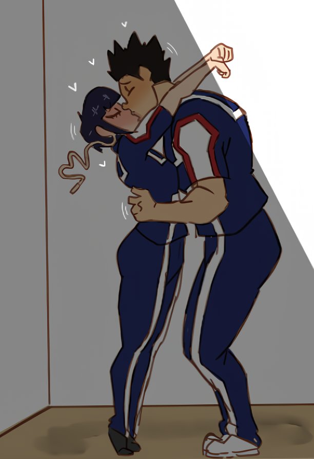 1boy, 1girls, anime girl, ass, big ass, brown hair, brown-haired male, female, kissing, kyoka jiro, male, my hero academia, purple hair, purple-haired female, rikido sato, romantic, santiago951, size difference