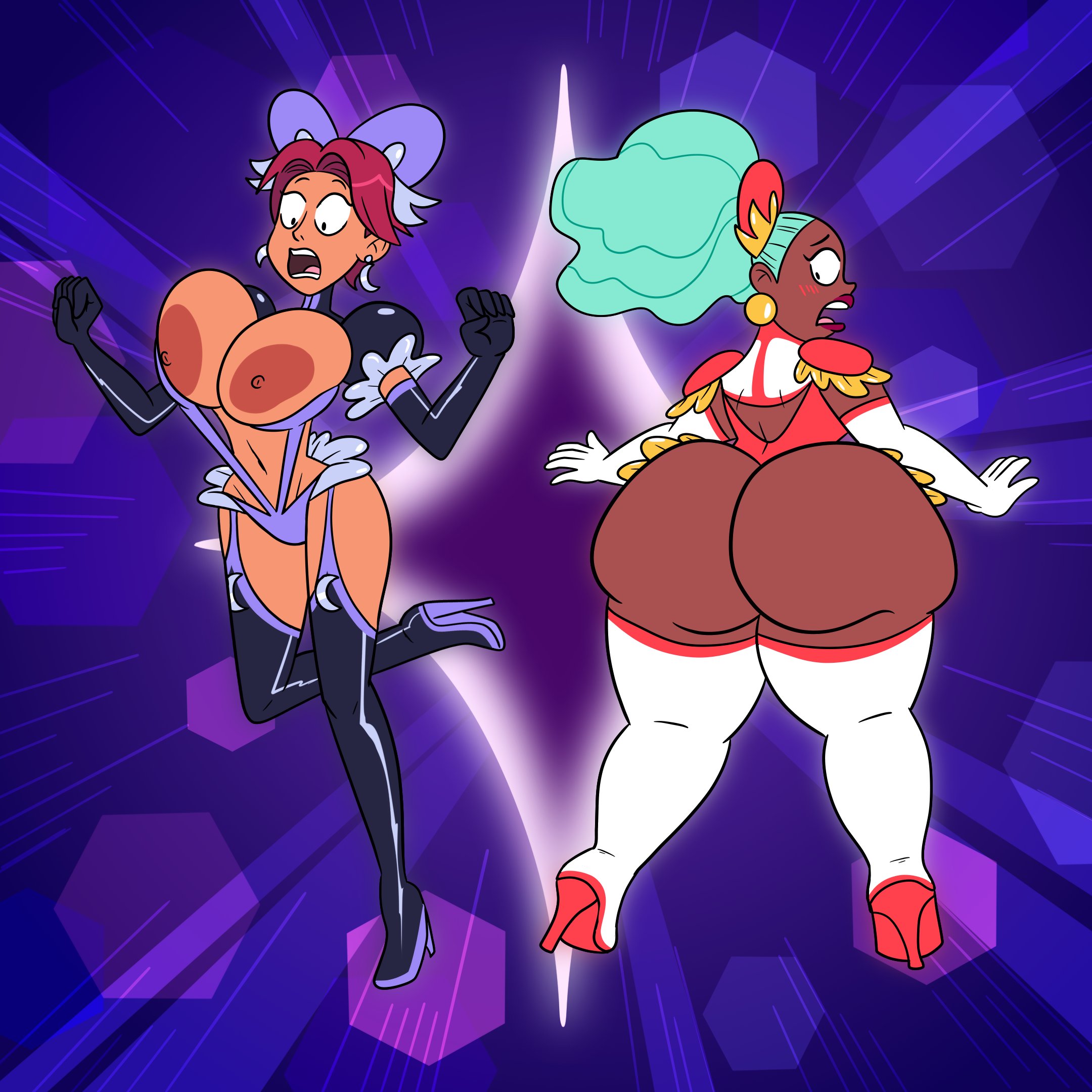 2girls, afro puffs, alex (magical girl friendship squad), animal ears headband, ass, ass expansion, bangs, big ass, big breasts, breast expansion, breast growth, breast growth (enlargement), breasts, bubble ass, bubble butt, butt expansion, chubby female, cleavage, cyan hair, daisy (magical girl friendship squad), dark skin, dark-skinned female, earrings, feathers, female, female only, garter straps, high heels, leotard, light skin, light-skinned female, lipstick, long gloves, magical girl, magical girl friendship squad, peace sign, red hair, red lipstick, red panda ears, scobionicle99, short hair, shoulder pads, shoulder tuft, sign of the horns, skimpy clothes, skimpy costume, slim female, smile, smiling, teal hair, thick thighs, thighhighs, voluptuous, voluptuous female, wide hips