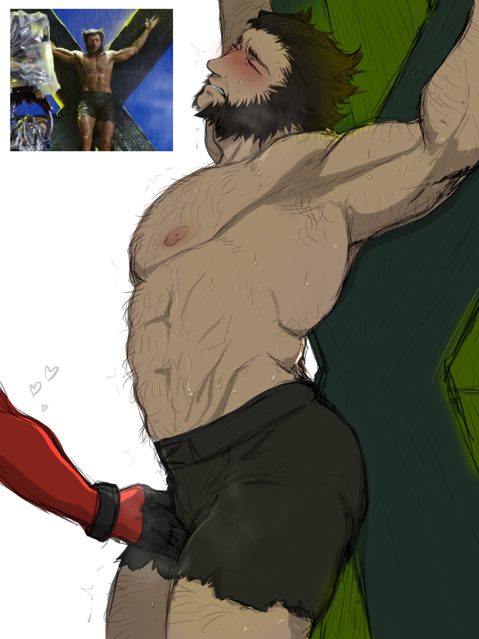 2boys, abs, ass, baimonbluewhale, bara, blush, brown hair, closed eyes, crucifixion, deadpool, deadpool & wolverine (2024), gay, hairy chest, hairy male, heart, hugh jackman, large pectorals, male, male only, marvel, marvel comics, multiple boys, multiple males, muscular, muscular male, nipples, red bodysuit, short hair, shorts, sweat, thick thighs, thighs, topless male, wolverine (x-men), x-men, yaoi