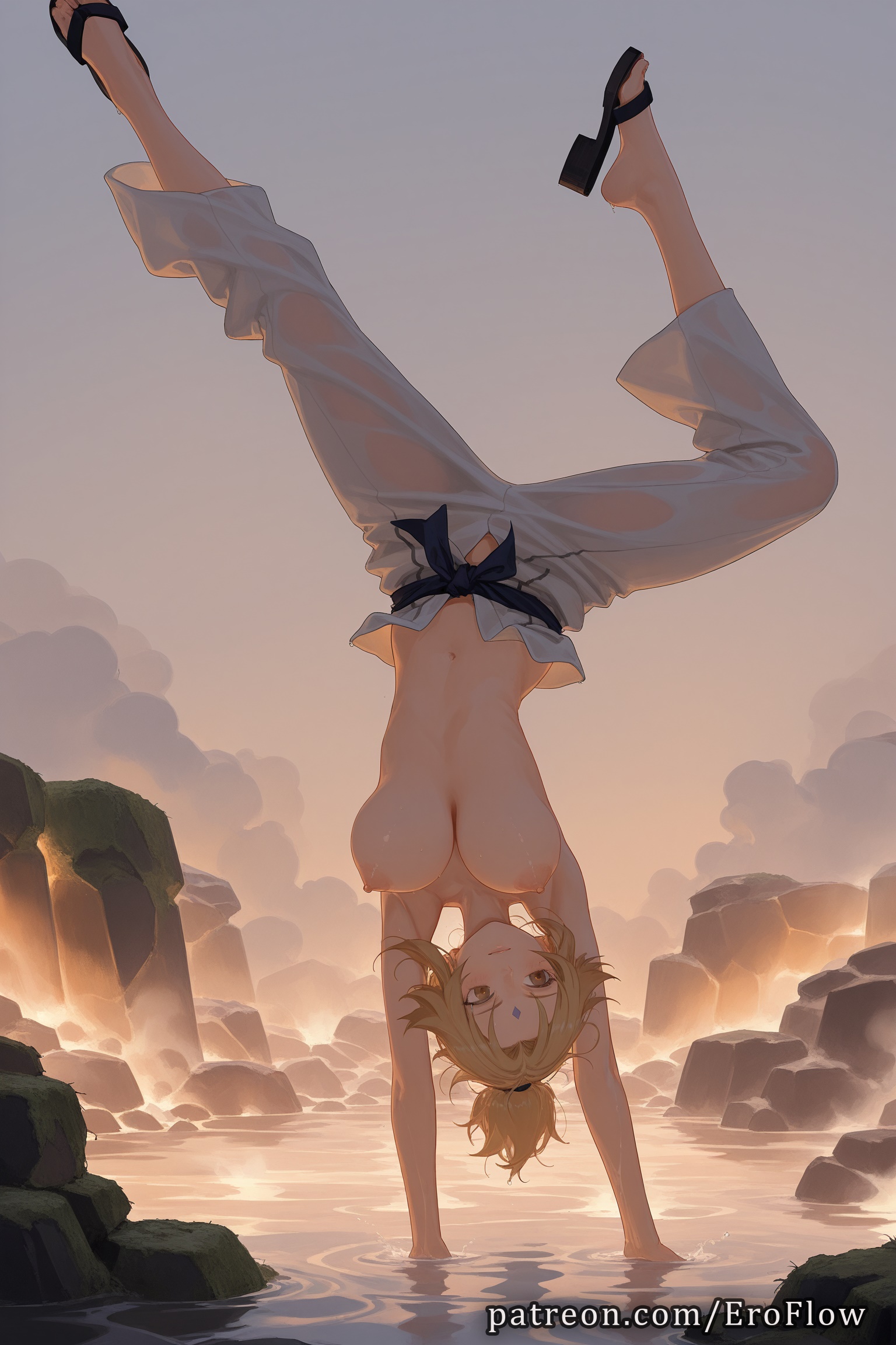 1girls, 2025, ai generated, armpits, blonde hair, boruto: naruto next generations, breasts, brown eyes, erect nipples, eroflow, facial mark, female, forehead mark, handstand, hanging breasts, hard nipples, hi res, high heels, highres, large breasts, looking at viewer, mature female, naruto, naruto (classic), naruto (series), naruto bomb, naruto shippuden, naruto: road to ninja, naruto: the last, navel, nipples, ocean, open fly, outdoors, pants, patreon, ponytail, rock, sandals, sky, solo, toes, topless, tsunade, upside-down, voluptuous, voluptuous female, water, wet, white pants