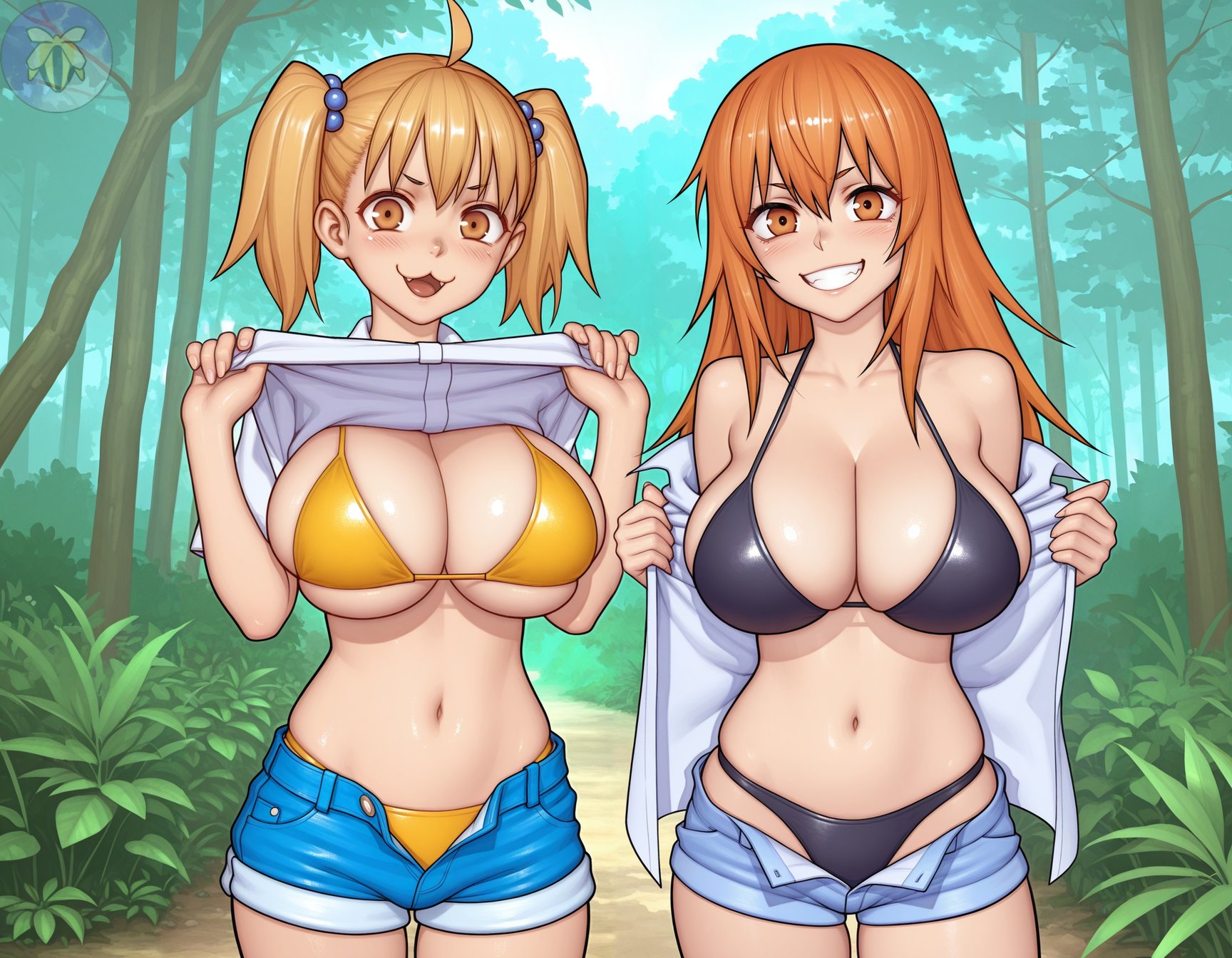 2girls, ai generated, big breasts, bikini, black bikini, breasts, female, gamo-chan, looking at viewer, moonbeecreator, please don't bully me, nagatoro, shirt open, shirt up, shorts open, solo female, yellow bikini, yoshi (nagatoro)