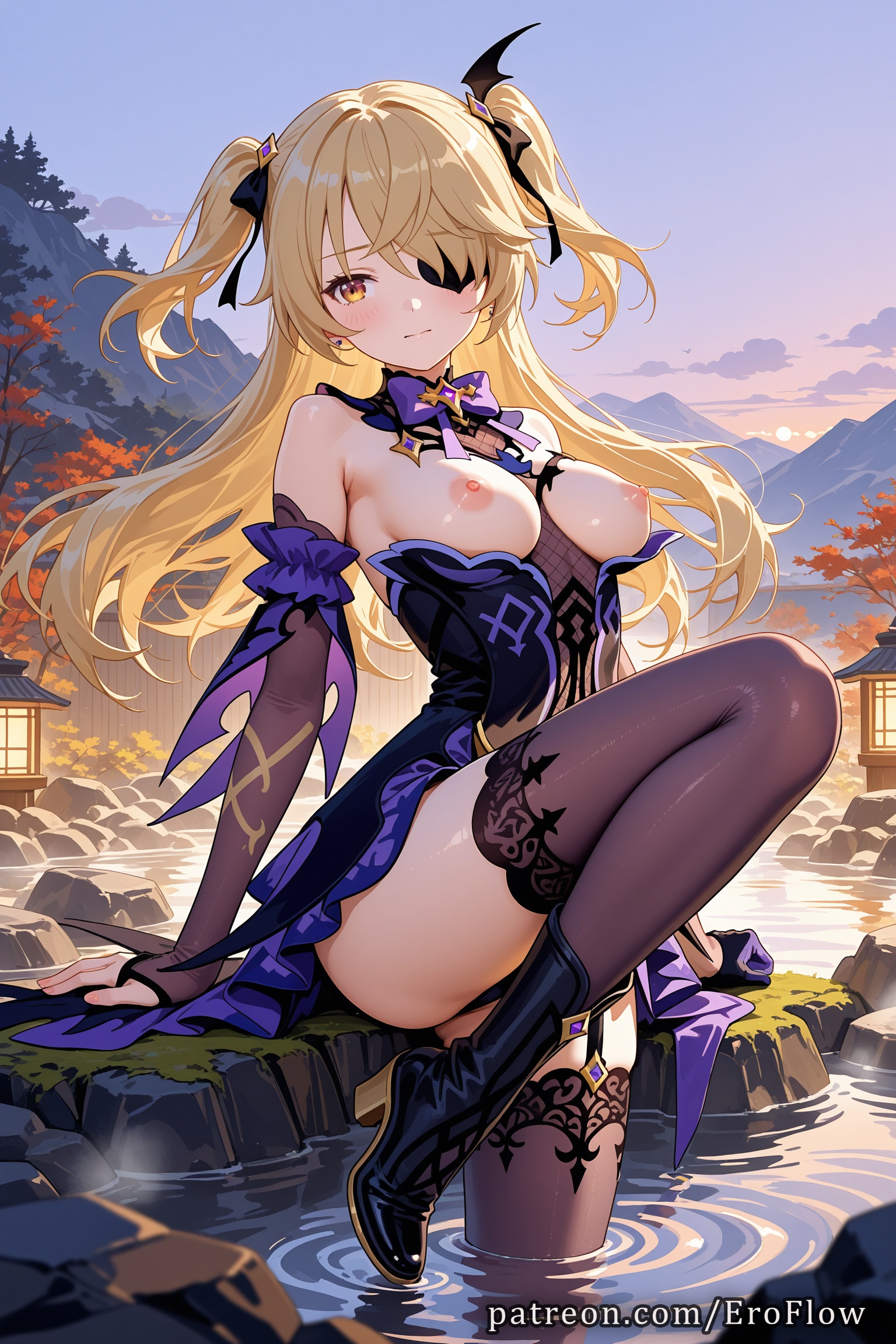 1girls, 2025, ai generated, bangs, bare shoulders, black thighhighs, blonde hair, blush, boots, bow, bowtie, breasts, breasts out, bridal gauntlets, closed mouth, dress, erect nipples, eroflow, eyepatch, female, fischl (ein immernachtstraum) (genshin impact), fischl (genshin impact), garter straps, genshin impact, gloves, green eyes, hair over one eye, hair ribbon, hi res, high heels, highres, hoyoverse, knee up, long hair, looking at viewer, medium breasts, mihoyo, mihoyo technology (shanghai) co. ltd., nipples, outdoors, patreon, ribbon, single thighhigh, sitting, sky, smile, solo, thighhighs, thighs, two side up, voluptuous, voluptuous female, water, wig, yellow eyes