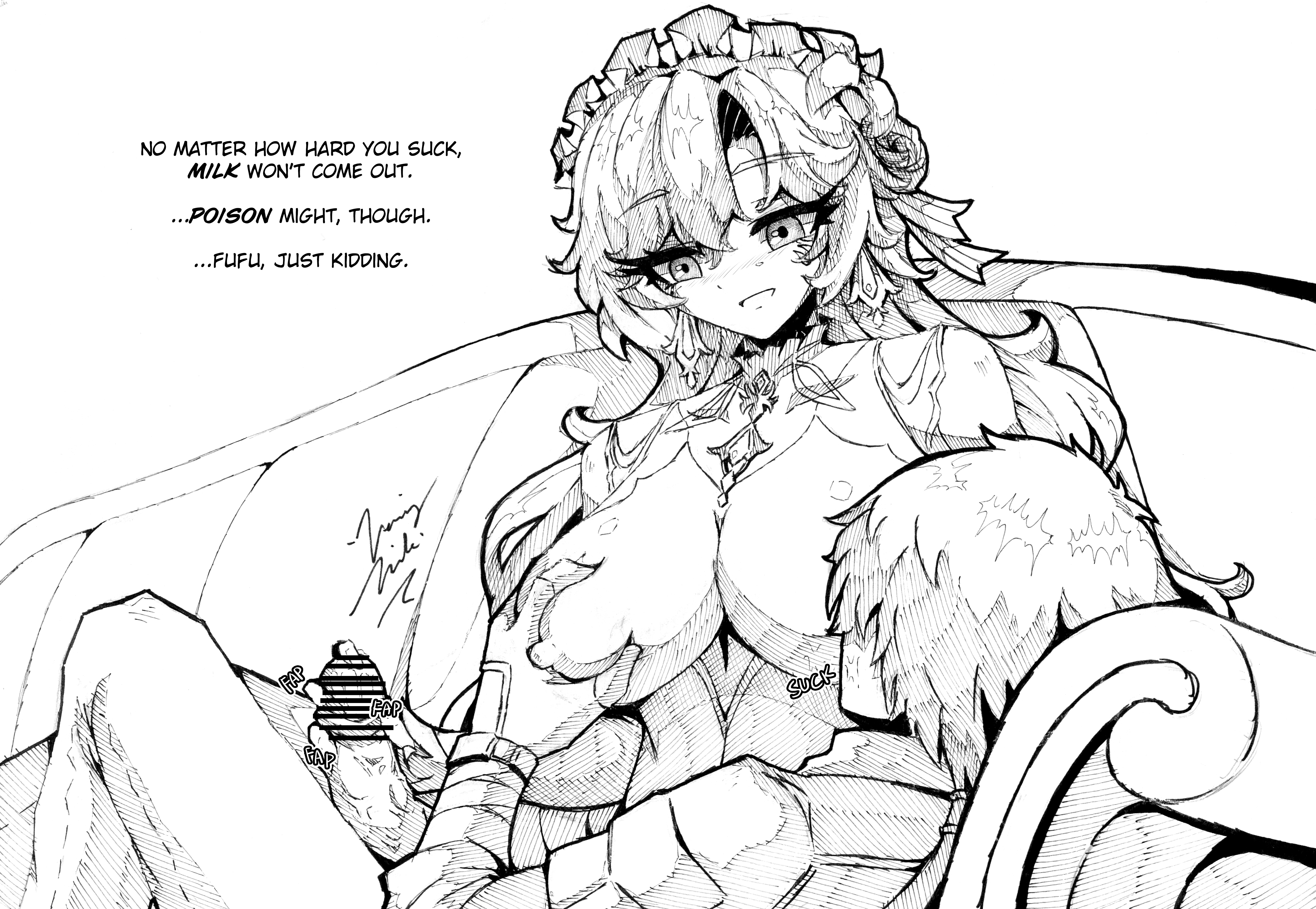 1boy, absurdres, bar censor, breast sucking, breasts, cantarella (wuthering waves), censored, commentary, english commentary, english text, female, grabbing another's breast, groping, handjob, highres, jacket, large breasts, long hair, looking down, lying, male, male rover (wuthering waves), monochrome, nipples, nursing handjob, on back, open mouth, penis, rover (wuthering waves), simple background, sitting, verniy misaki, wuthering waves