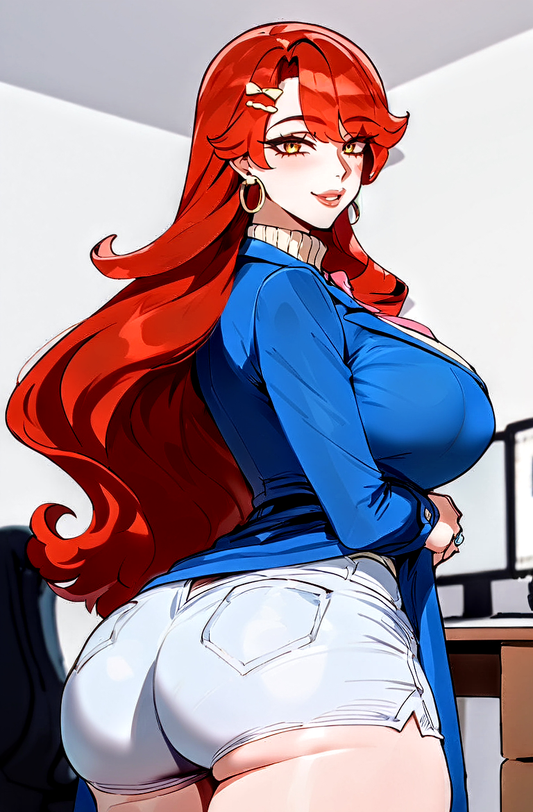 ai_generated auburn_hair beautiful booty_shorts breasts claire_(moemate) creamy_ai eyelashes female from_behind gold_eyes large_breasts lipstick long_coat long_hair original red_hair stepmother sweet thick_thighs turtleneck valkris9 wide_hips