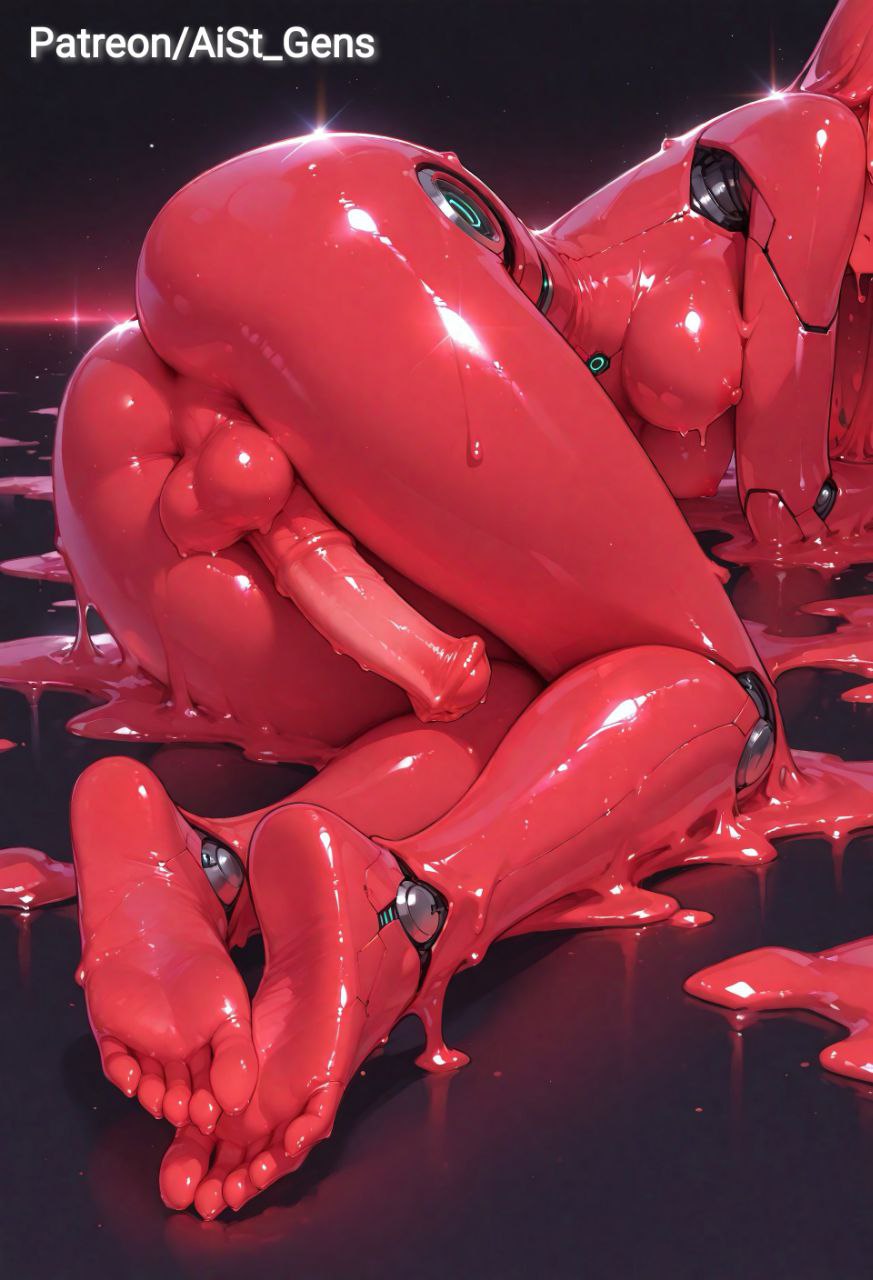 ai_generated aist_ android big_penis feet futanari horsecock original penis red red_body red_slime slime slime_girl testicles