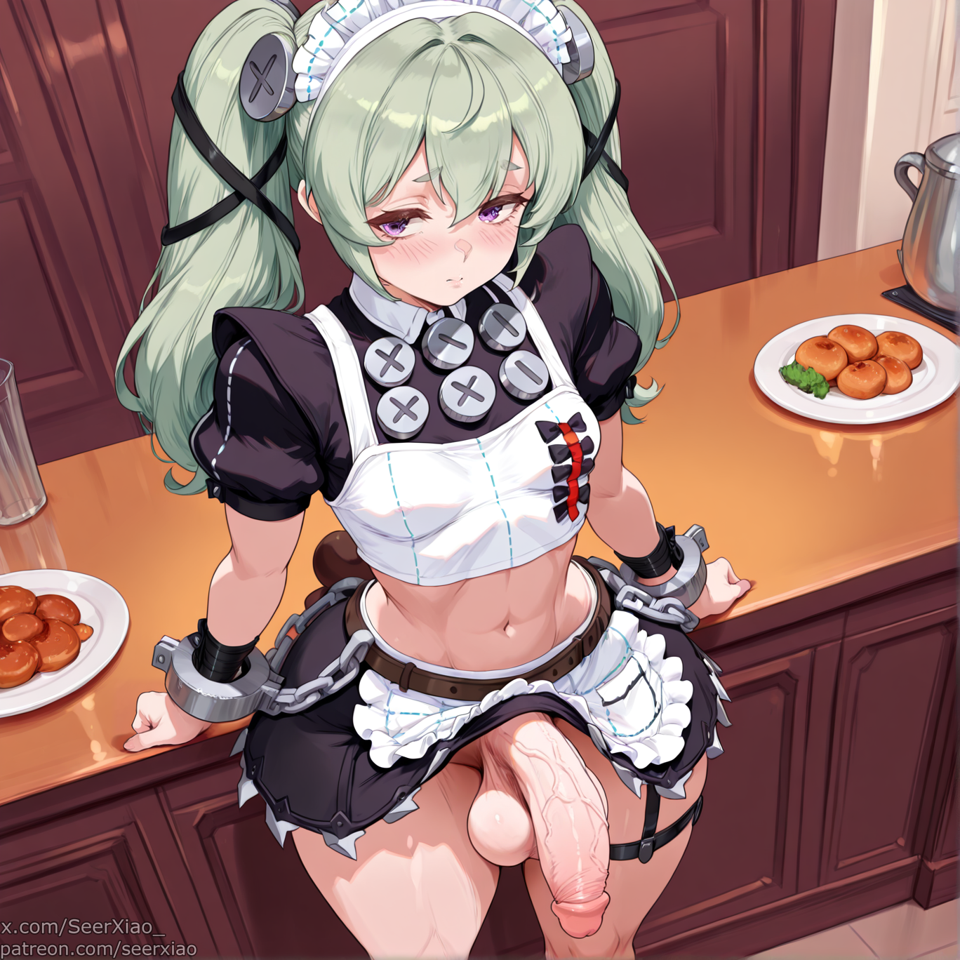 1futa, ai generated, balls, blush, breasts, corin wickes, flaccid, flaccid penis, futa only, futanari, green hair, intersex, maid, maid headdress, maid uniform, navel, penis, purple eyes, seerxiao, small breasts, zenless zone zero