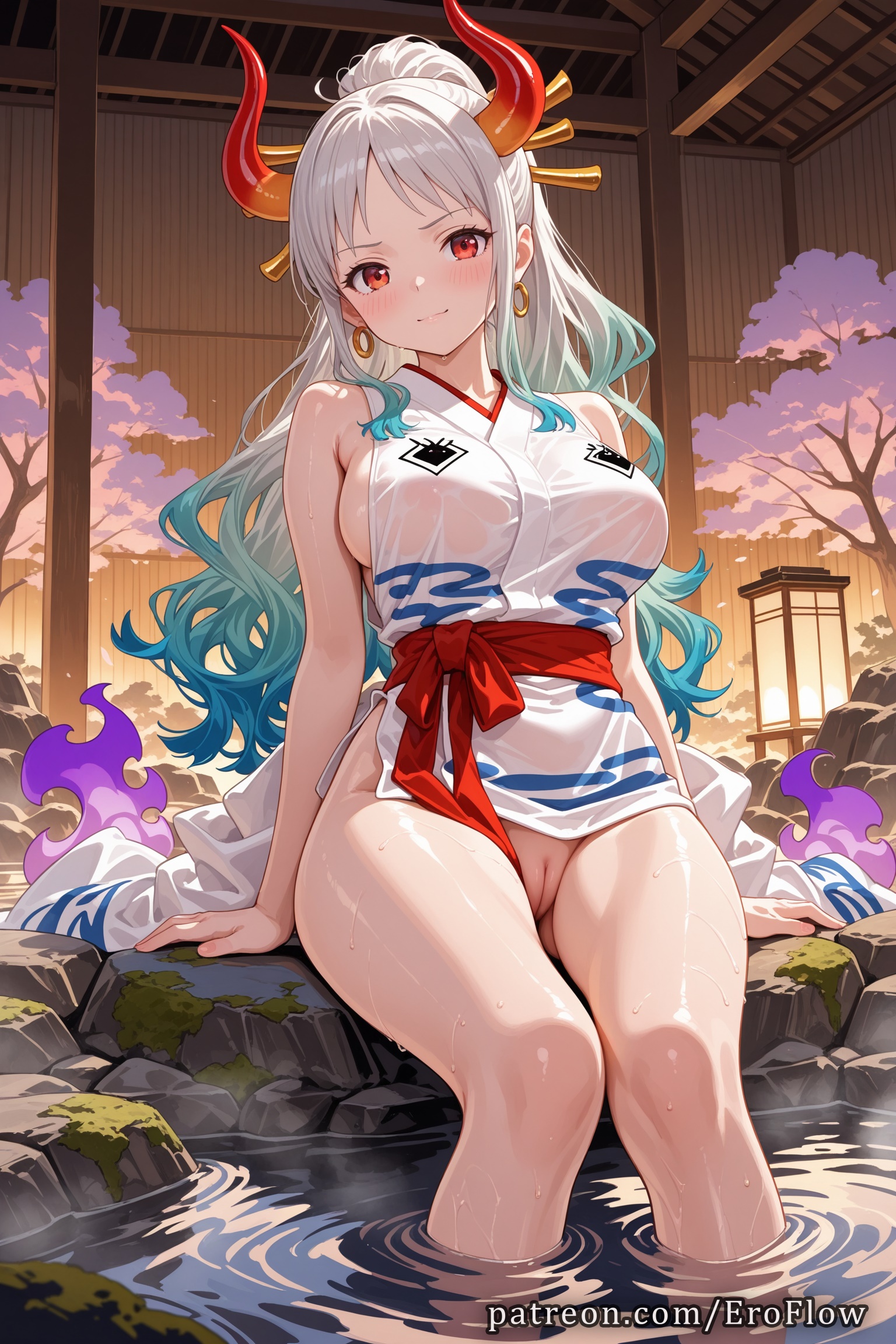 1girls, 2025, ai generated, bare arms, bare shoulders, blush, breasts, closed mouth, clothing, curled horns, earrings, eroflow, female, female only, hair ornament, hair stick, hi res, highres, hoop earrings, horns, japanese clothes, jewelry, kimono, large breasts, long hair, looking at viewer, no panties, one piece, one piece swimsuit, oni, onsen, patreon, pussy, red eyes, red horns, see-through, sideboob, sitting, sleeveless, sleeveless kimono, soaking feet, solo, thighs, voluptuous, voluptuous female, wafuku, wano country, water, wet, wet clothes, white hair, white kimono, yamato, yamato (one piece), yamato (one piece) (cosplay)