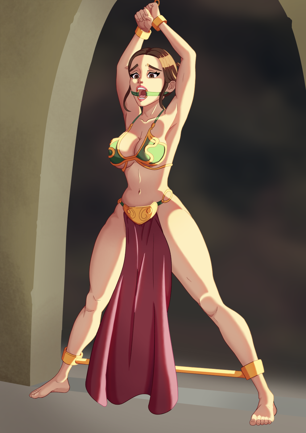 1girls, alcove, armpits, arms up, background, barefoot, big breasts, bikini top, bondage, bound, bra, breasts, brown eyes, brown hair, captured, captured heroine, chained, chains, cleavage, doorway, feet, female, female only, femsub, front view, full body, gag, gagged, green clothing, hair, handcuffs, heroine, human, human female, human only, indoors, jabba's palace, light skin, light-skinned female, loincloth, metal cuffs, midriff, navel, open mouth, open mouth gag, png, princess leia organa, puffpow, return of the jedi, revealing clothes, ring gag, side bangs, slave bikini, slave girl, slave leia, slave outfit, slavekini, slim waist, solo, spread legs, spreader bar, star wars, submissive, tatooine, teeth