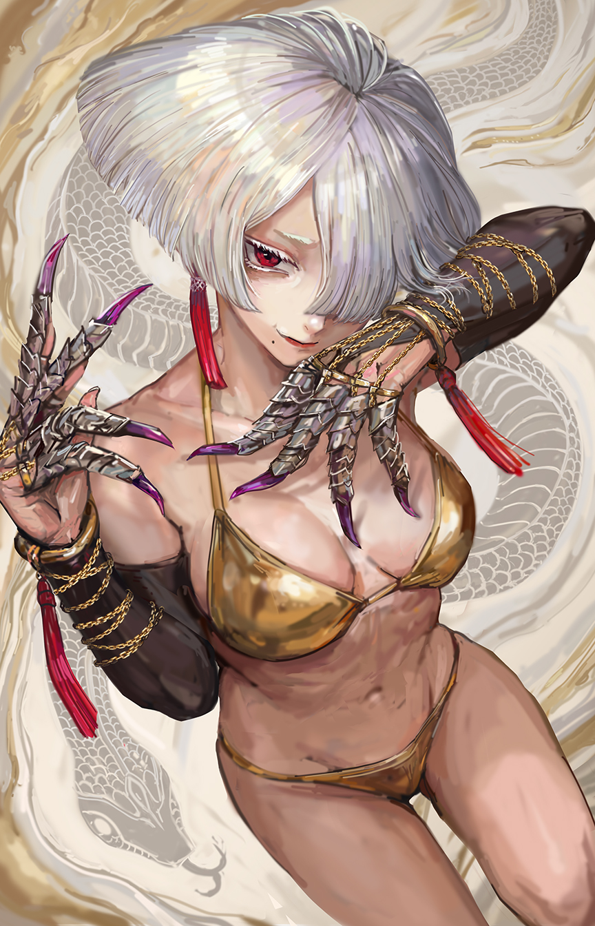 1girls, a.k.i., big breasts, bikini, breasts, capcom, female, female only, gold bikini, light skin, light-skinned female, michemashu, red eyes, solo, solo female, street fighter, street fighter 6, tagme, white hair