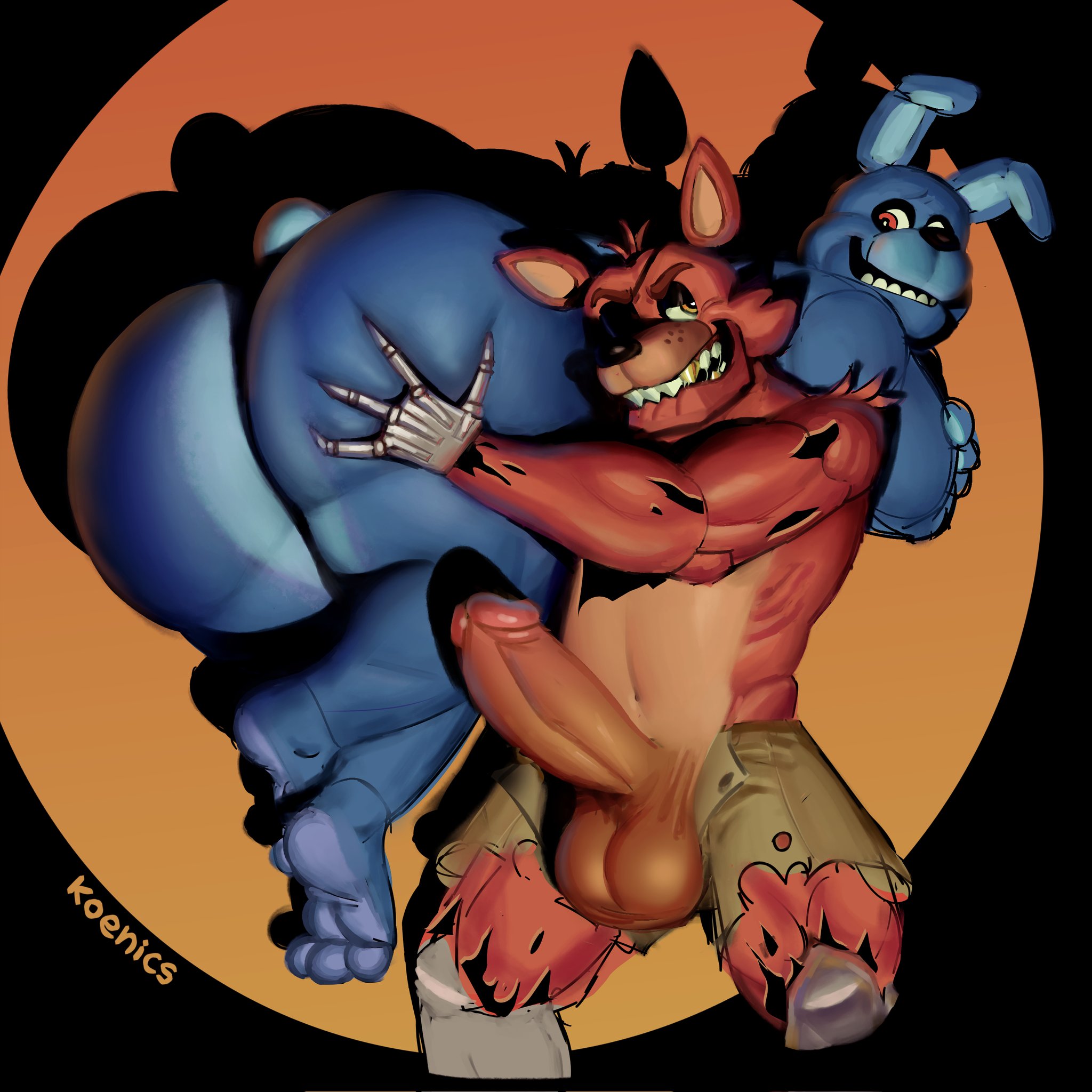 1:1, 2024, animatronic, anthro, ass, ass grab, balls, big ass, big butt, big penis, bite, blue body, bonnie (fnaf), bottomwear, butt grab, carrying another, carrying partner, clothing, digital media (artwork), digital painting (artwork), duo, erection, eye patch, eyewear, five nights at freddy's, foxy (fnaf), genitals, hand on ass, hand on butt, hi res, huge ass, huge butt, humanoid genitalia, humanoid penis, imminent sex, koenics, lagomorph, leporid, lips, looking back, machine, male, male/male, mammal, nude, painting (artwork), penis, rabbit, red body, robot, sharp teeth, shirtless, shorts, shoulder carry, simple background, smile, teeth