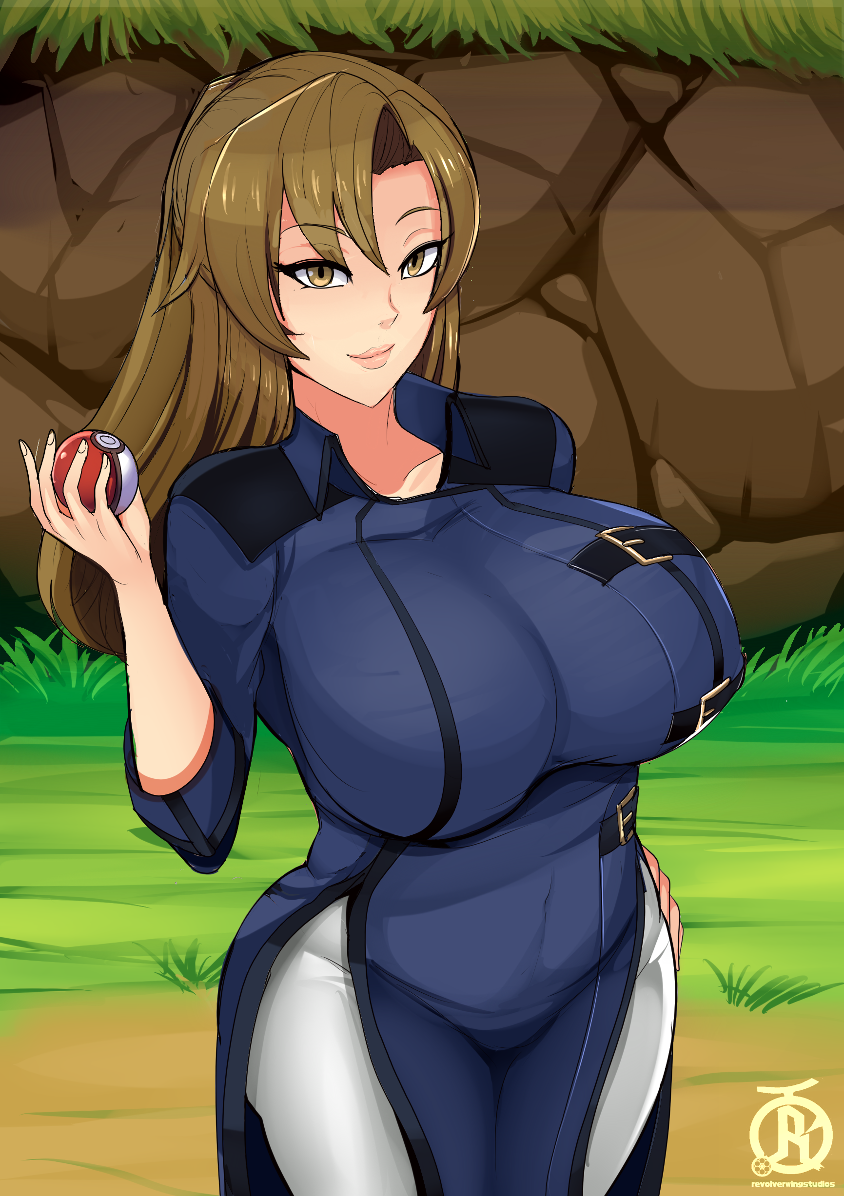1girls, ace trainer (pokemon lgpe), ace trainer (pokemon), ass, big breasts, breasts, brown eyes, brown hair, curvy, female, female only, huge ass, huge breasts, human, large breasts, naughty face, nintendo, npc trainer, pink lips, pokemon, pokemon lgpe, pokemon rgby, revolverwingstudios, seductive, tagme, text, thick thighs, watermark, wide hips