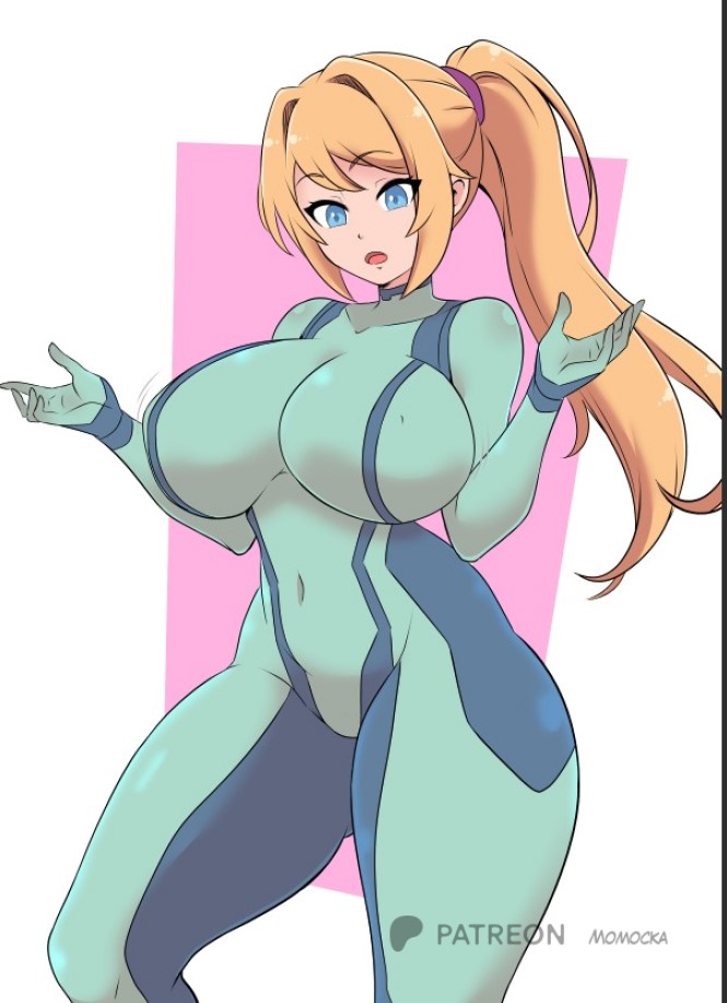 1girls, big breasts, blonde hair, blue eyes, bodysuit, breasts, clothing, curvaceous, curvy, female, female focus, female only, hand on head, metroid, momocka art, nintendo, samus aran, solo, solo female, tagme, tight clothing, white background, wide hips, zero suit samus