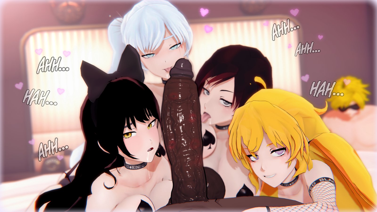 2boys, 3d, 3d (artwork), 4girls, armwear, bbc choker, big breasts, big penis, black hair, blacked, blacked clothing, blake belladonna, blonde hair, blue eyes, breasts, collaborative fellatio, covered nipples, dark skin, dark-skinned male, fellatio, female, fishnet armwear, fishnets, gigantic penis, grey eyes, harem, huge cock, huge penis, interracial, jaune arc, kiss, kiss mark, licking, licking penis, lipstick mark, long hair, looking at partner, male, multicolored hair, multiple females, multiple girls, numbersguy, open mouth, penis, purple eyes, qos, qos clothing, queen of spades, red hair, ruby rose, rwby, seductive, seductive eyes, seductive look, seductive mouth, seductive smile, short hair, smile, smiling, smug, smug face, smug grin, smug smile, spade, spade pasties, spade tattoo, tagme, team rwby, teamwork, tongue, tongue out, uncensored, weiss schnee, white hair, yang xiao long, yellow eyes