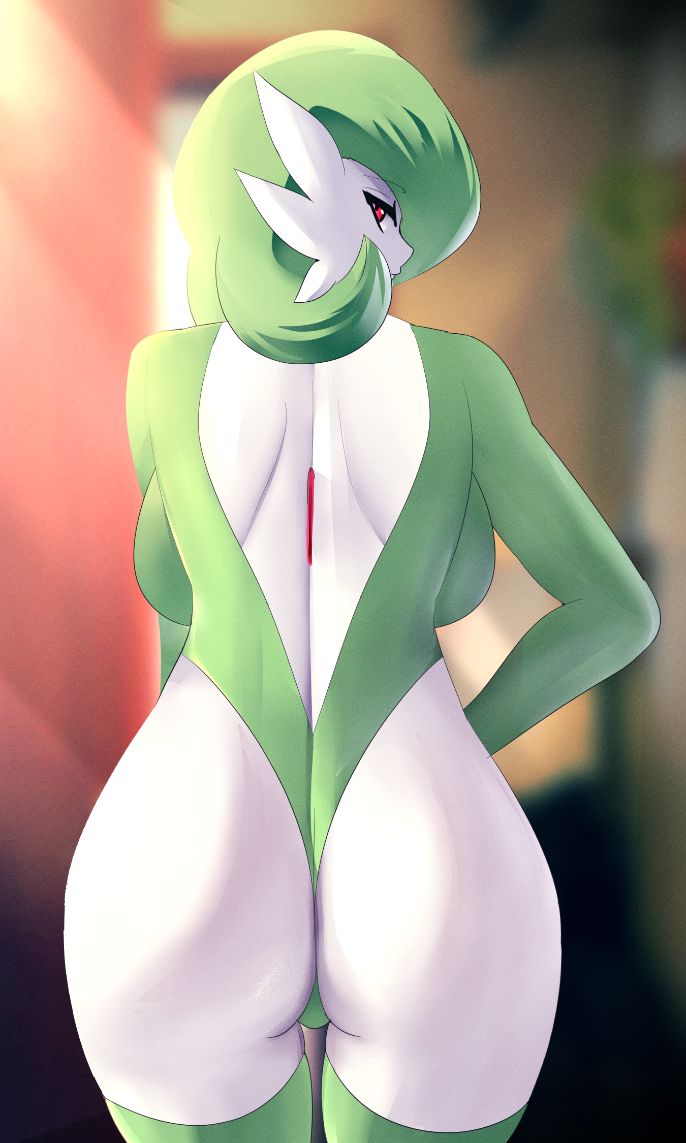 1girls, antennae, anthro, anthro only, ass, backboob, blurry, blurry background, bob cut, breasts, cameltoe, cleavage, colored skin, creatures (company), ears, elbow gloves, eyebrows, eyelashes, fairy, fairy type, female, female focus, from behind, game freak, gardevoir, gen 3 pokemon, generation 3 pokemon, glance, gloves, green gloves, green hair, green leotard, green thighhighs, highres, huge ass, huge breasts, impossible clothes, leotard, lips, long eyelashes, looking at viewer, looking back, nintendo, nose, pink eyes, pixiv, pixiv commission, pixiv link, pixiv username, pointy ears, pokemon, pokemon (creature), pokemon (species), psychic, psychic type, pussy, red eyes, sana!rpg, short hair, solo, solo focus, thick eyelashes, thighhighs, thong, thong leotard, white lips, white skin