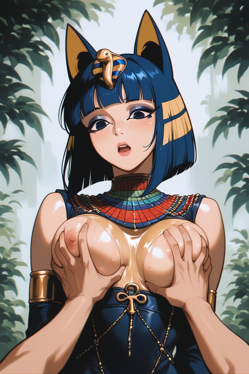 ai_generated animal_crossing ankha ankha_(animal_crossing) blue_hair breasts cat_ears catgirl dark_blue_hair dark_eyes daytime egyptian exposed_breasts eyeshadow faprunner78 fondling fondling_breast forest groping groping_breasts hair_accessory medium_breasts natural_breasts nipples open_mouth outdoors short_hair slim_girl slim_waist soft_breasts surprised surprised_expression waist yellow_highlights