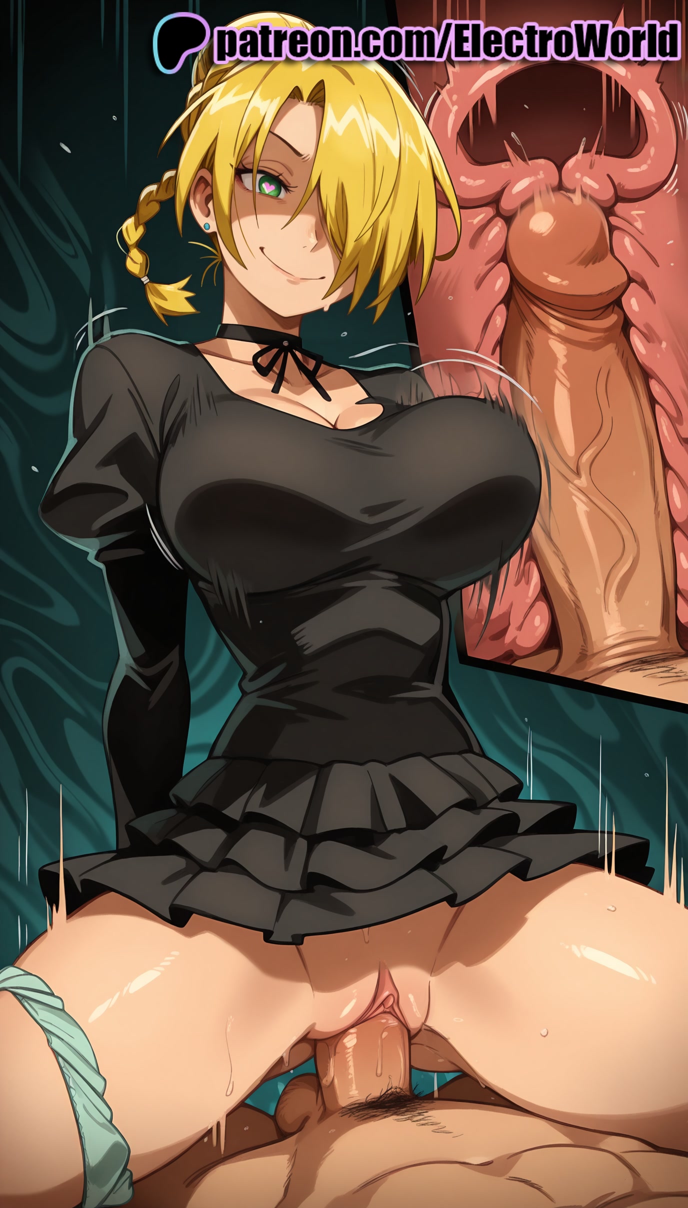 1boy, 1girls, 2025, ai generated, artist name, balls, beelzebub (manga), black choker, blonde hair, braid, breasts, bust, cervix, chest, choker, clit, clitoral hood, clitoris, clothed sex, cock, cowgirl position, cross section, dick, ear piercing, earrings, electroworld, exposed clitoris, exposed pussy, female, female on top, fucking, green eyes, hair over one eye, hi res, high quality, high resolution, highres, hilda (beelzebub), intercourse, internal cumshot, jewelry, juicy pussy, large breasts, legs apart, legs spread, love making, male, open legs, panties, panties around one leg, patreon, patreon username, penetration, penis, pov, pussy, riding, sex, sexual intercourse, solo focus, splayed legs, spread legs, stable diffusion, straddling, straight, testicles, tight pussy, uncensored, underwear, urethra, uterus, vagina, vaginal penetration, veins, veiny penis, watermark, x-ray