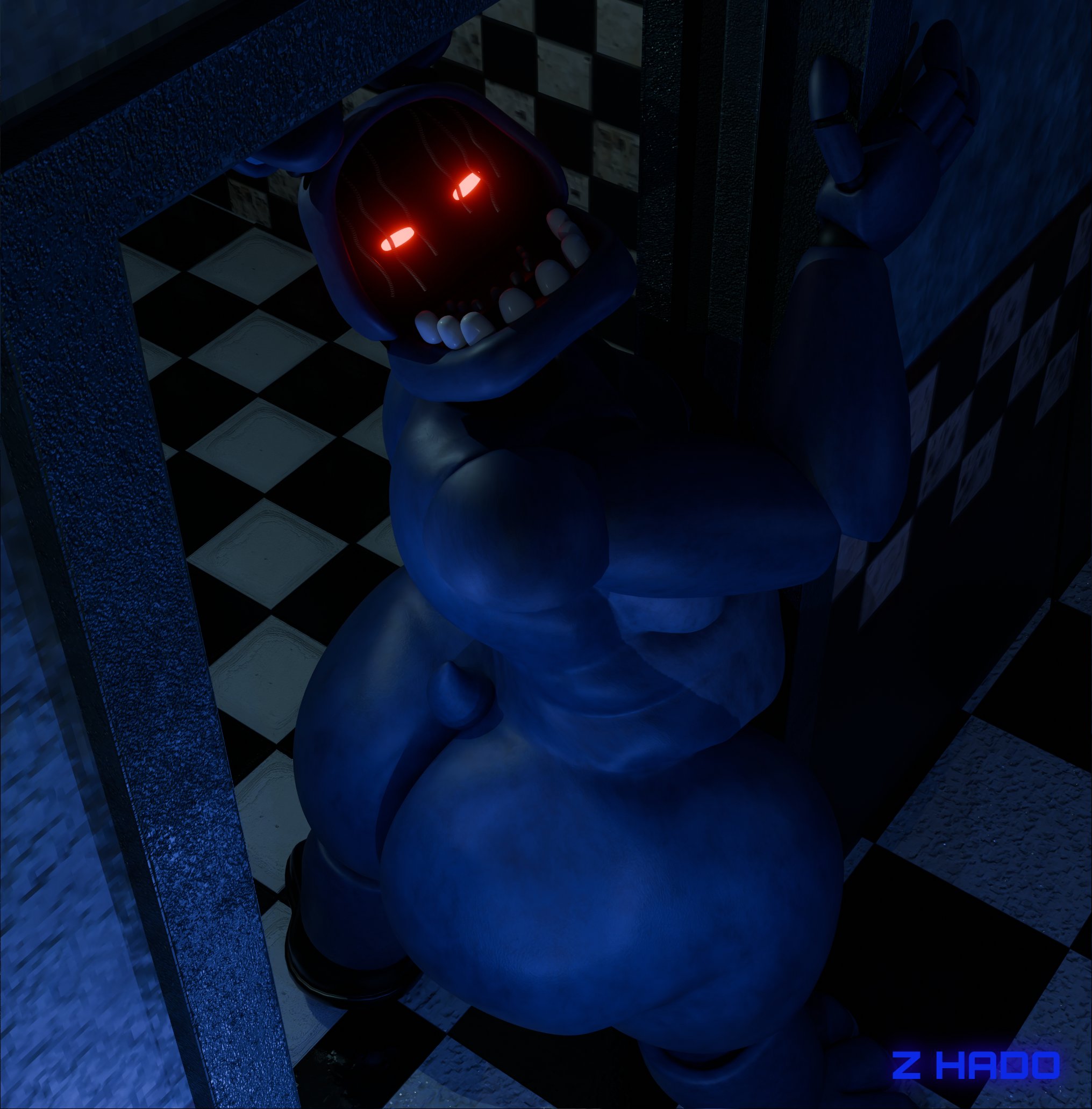 2025, 3d, 4 fingers, animatronic, anthro, ass, belly, big ass, big belly, big butt, blue body, blue fur, bonnie (fnaf), digital media (artwork), doorway, english description, faceless anthro, faceless character, faceless male, fingers, five nights at freddy's, five nights at freddy's 2, fur, glowing, glowing eyes, hi res, high-angle view, lagomorph, leporid, long ears, looking back, machine, male, mammal, moobs, overweight, overweight anthro, overweight male, rabbit, rabbit ears, rear view, red eyes, robot, robot anthro, small tail, solo, standing, tail, thick thighs, withered bonnie, z hado