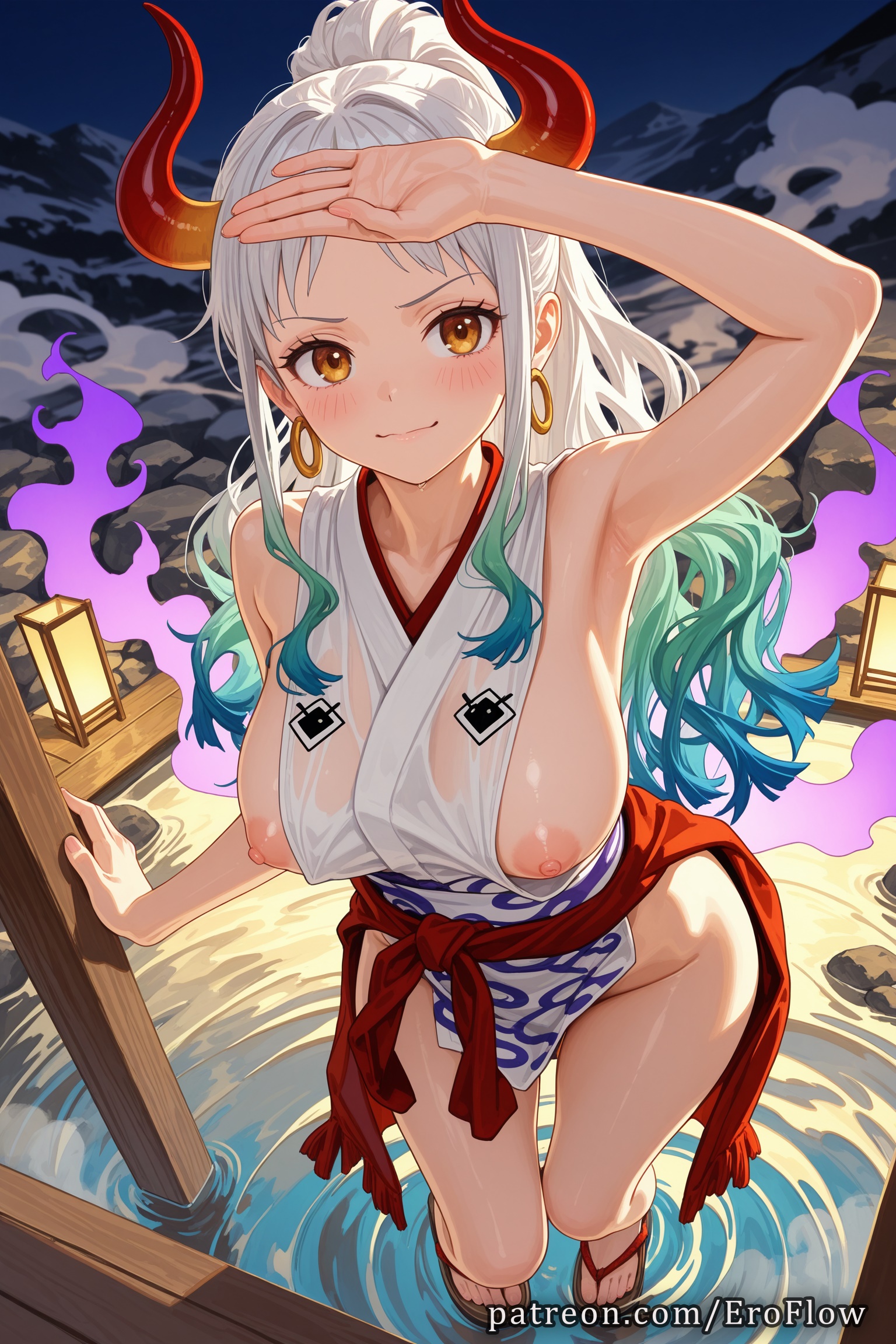 1girls, 2025, ai generated, arm up, armpit, armpits, bare arms, bare shoulders, blush, breasts, closed mouth, clothing, curled horns, earrings, eroflow, female, female only, fisheye, green hair, hi res, highres, hoop earrings, horns, japanese clothes, jewelry, kimono, large breasts, long hair, looking at viewer, multicolored horns, night, nipples, one piece, one piece swimsuit, oni, onsen, orange eyes, outdoors, patreon, red horns, sandals, sleeveless, sleeveless kimono, smile, solo, standing, toes, voluptuous, voluptuous female, wano country, water, wet, wet clothes, white hair, white kimono, yamato, yamato (one piece), yamato (one piece) (cosplay)
