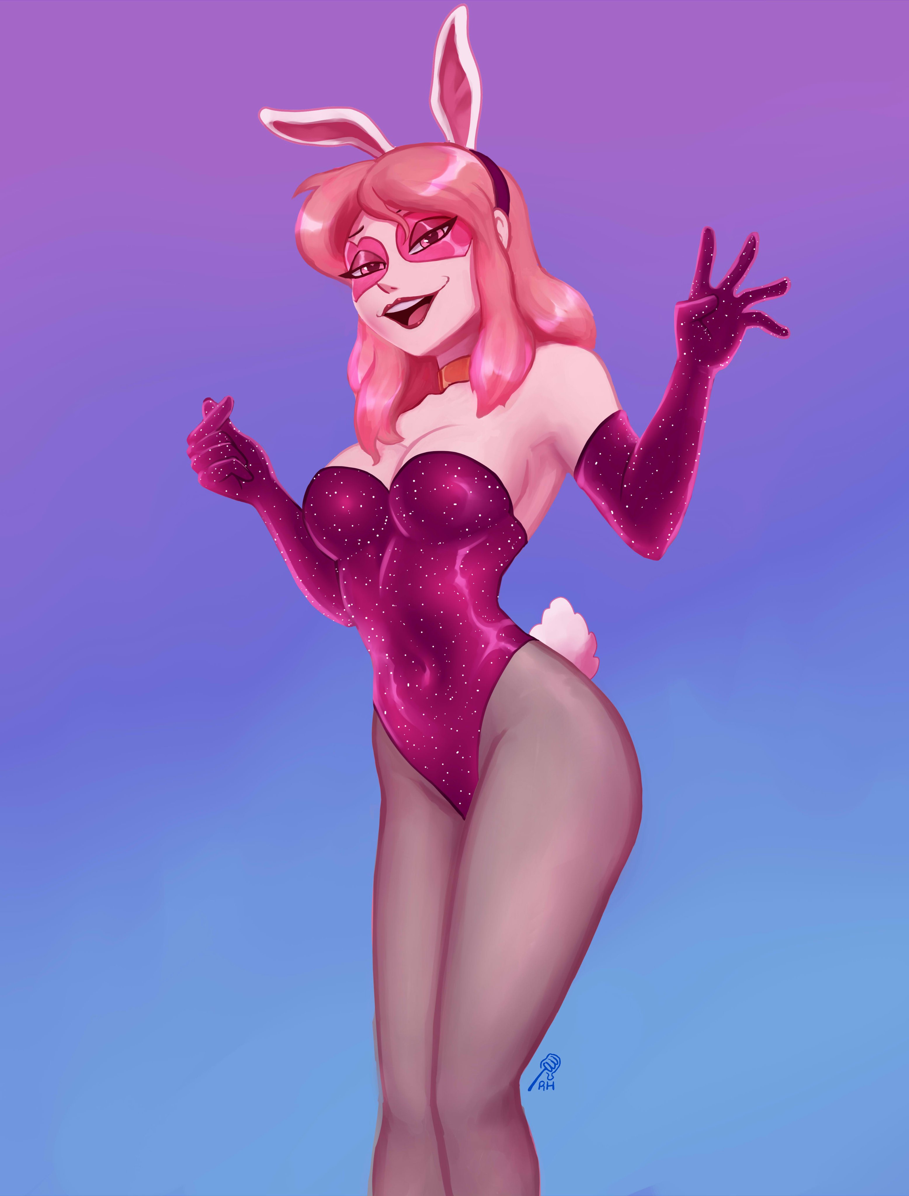 ass, big ass, big breasts, big butt, big thighs, breasts, bunny ears, bunny girl, bunny girl suit, bunnysuit, cartoon network, clothing, curvaceous, curvaceous female, curvaceous figure, curvy, curvy figure, curvy hips, female, inviting to sex, looking at viewer, miss heed (villainous), pink body, pink hair, pink panties, pink skin, pink-haired female, resistanthoney, thigh highs, villainous