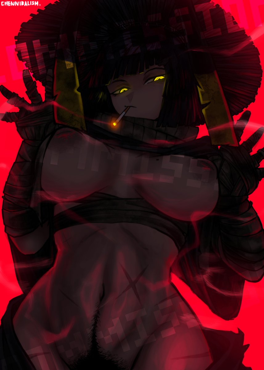 1girls, areolae, chennibalism, cigarette, female, limbus company, looking at viewer, nipples, project moon, ryoshu (limbus company), tagme, yellow eyes