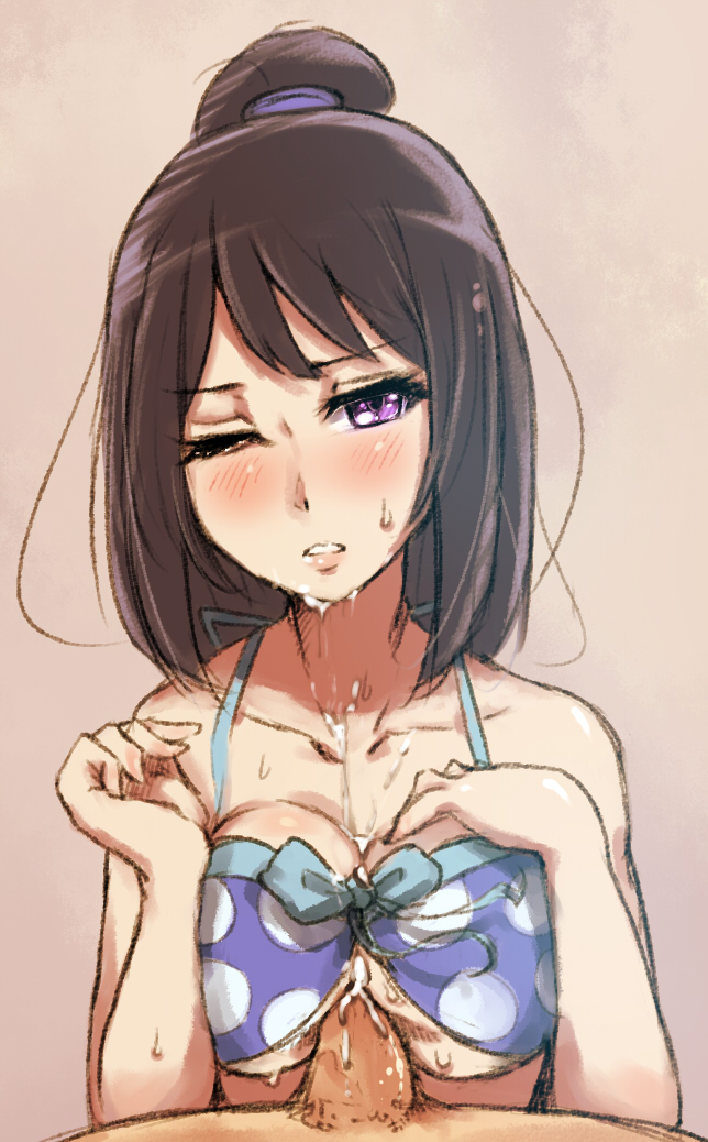 1boy bikini blush blushing_at_viewer closed_eye cum cum_on_bra cum_on_breasts cum_on_chin facial female hibike!_euphonium kousaka_reina one_eye_closed outercourse paizuri paizuri_under_clothes swimsuit