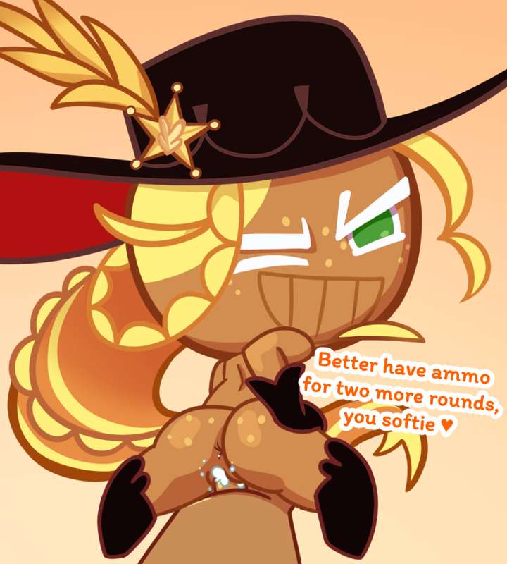 blonde female, blonde hair, cookie run, cookie run kingdom, cookie run: tower of adventures, cowgirl, cowgirl position, cum in pussy, english text, female, female penetrated, impstripe, nude, pussy, rye cookie, vaginal, vaginal penetration, vaginal sex, winking at viewer