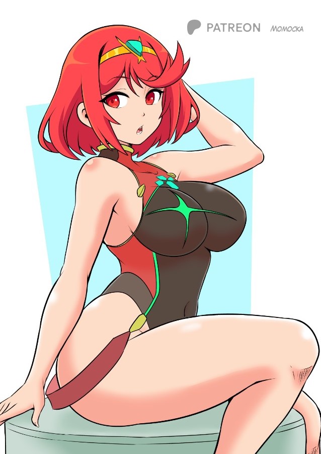 1girls, bare shoulders, belly button, black one-piece swimsuit, blush, breasts, cleavage, female, female only, gem, jewelry, large breasts, looking at viewer, momocka art, nintendo, one-piece swimsuit, pyra, pyra (pro swimmer) (xenoblade), red eyes, red hair, short hair, skimpy, skimpy clothes, solo, solo female, solo focus, swept bangs, swimsuit, tagme, thick thighs, tiara, white background, xenoblade (series), xenoblade chronicles 2