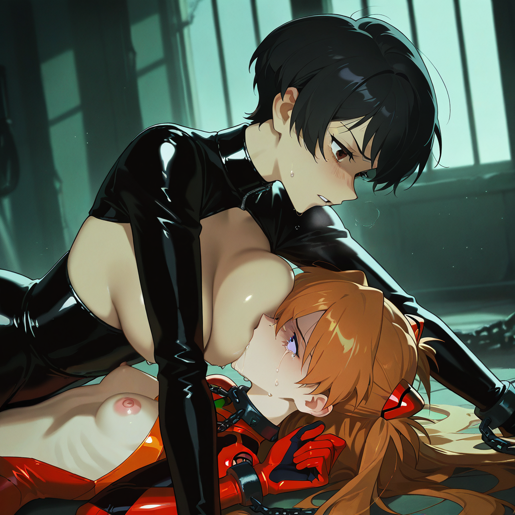2girls, ai generated, asuka langley sohryu, black hair, bondage, bound, breast smother, breast sucking, breasts, female, large breasts, neon genesis evangelion, oc, orientation play, rape, scared, small breasts, sucking nipples, tears, tomboy, tsundere, yuri