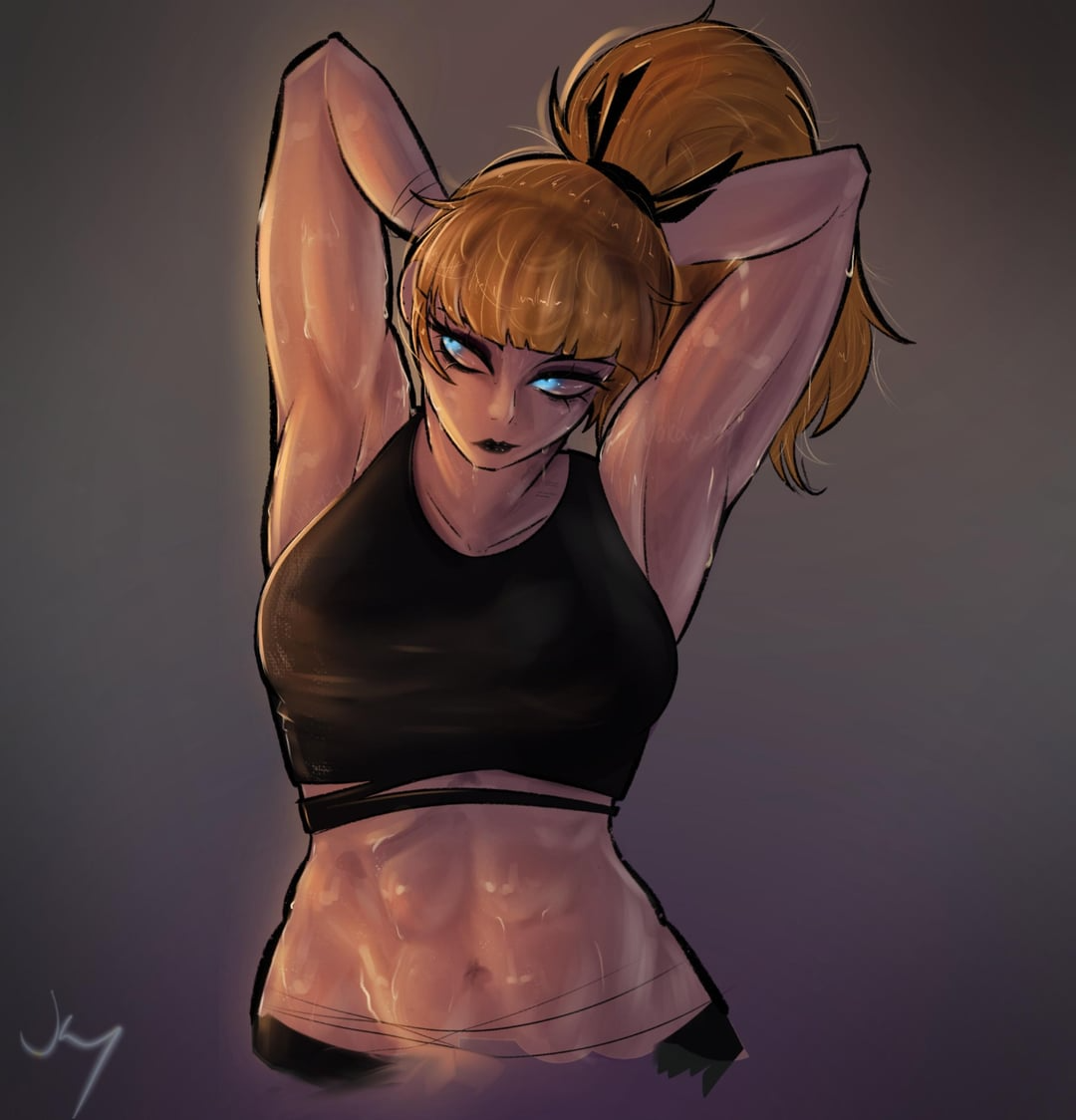 1girls, 2d, 2d (artwork), abs, armpits, arms behind back, athletic, athletic female, biceps, black lipstick, black tank top, blonde hair, blue eyes, digital media (artwork), female, female focus, female only, hips, magik (illyana rasputin), magik (marvel rivals), marvel, marvel comics, marvel rivals, muscles, muscular, muscular female, navel, nokayjay, ponytail, sfw, six pack, sweat, sweatdrop, sweaty abs, sweaty body, tank top, toned, toned body, workout, workout clothes