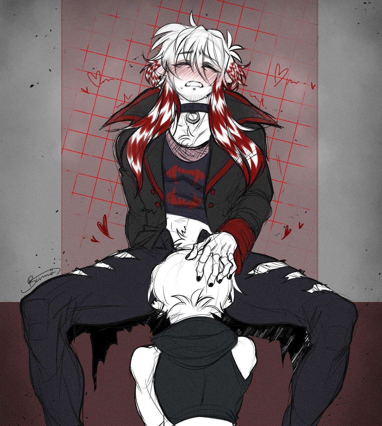 2boys, biting lip, biting own lip, blowjob, blowjob face, blowjob only, boy on boy, broken colors, damon (broken colors), dominant, domination, emo, emo boy, femboy, gay, gay blowjob, gay domination, gay sex, goth, gothic, little bunno, long hair, male, maledom, malesub, mc (broken colors), oral, oral sex, punk, punk hair, submissive, submissive male, twink, yaoi