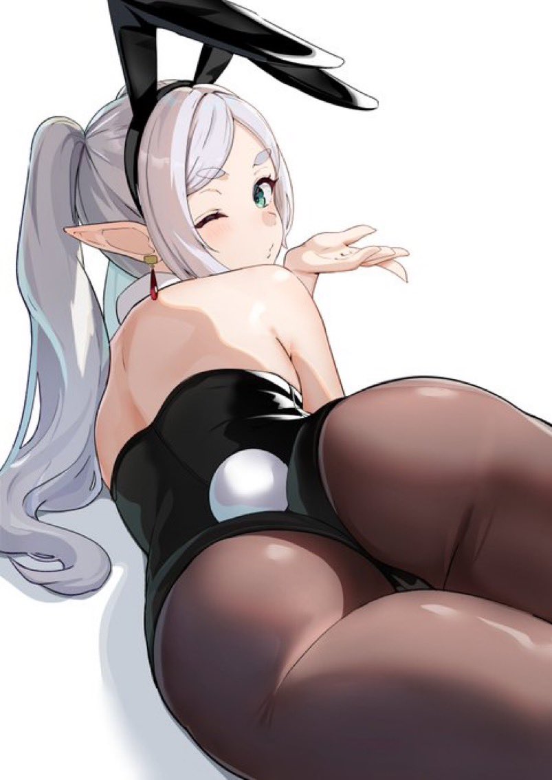 1girls, animal ears, ass, ass focus, black leotard, breasts, earrings, elf, female, female only, frieren, green eyes, grey hair, jewelry, leotard, long hair, looking at viewer, one eye closed, pantyhose, parted bangs, pointy ears, rabbit ears, rabbit tail, simple background, solo, sousou no frieren, tail, twintails, white hair, yami anko