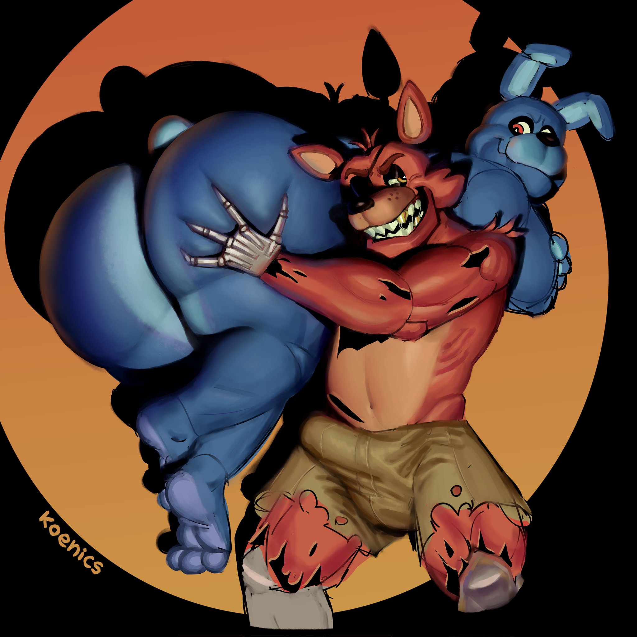 1:1, 2024, animatronic, anthro, ass, ass grab, big ass, big butt, blue body, bonnie (fnaf), bottomwear, bulge, butt grab, carrying another, carrying partner, clothing, digital media (artwork), digital painting (artwork), duo, erection, erection under clothing, eye patch, eyewear, five nights at freddy's, foxy (fnaf), hand on ass, hand on butt, hi res, huge ass, huge butt, imminent sex, koenics, lagomorph, leporid, looking back, machine, male, male/male, mammal, nude, painting (artwork), rabbit, red body, robot, sharp teeth, shirtless, shorts, shoulder carry, simple background, smile, teeth