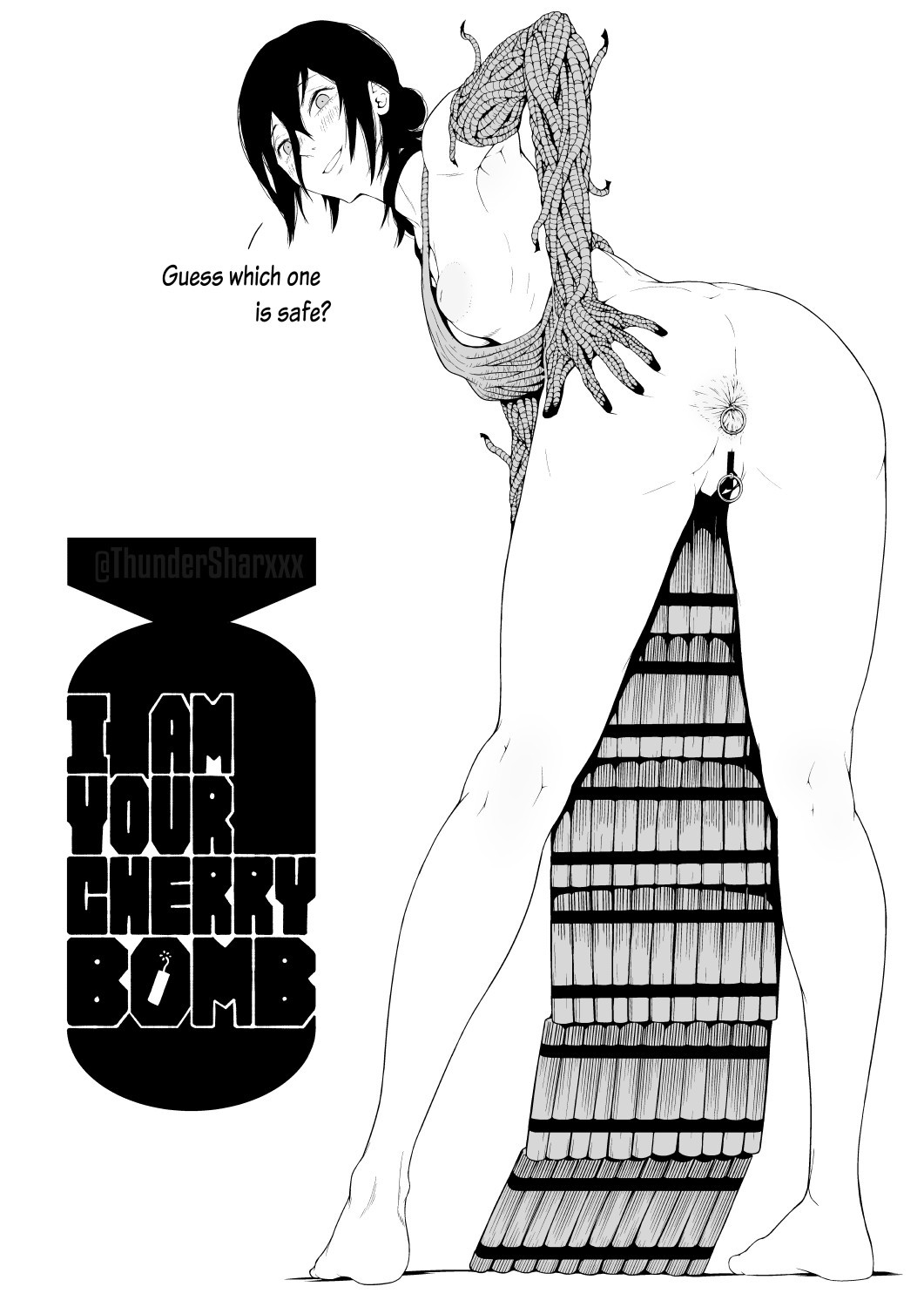 anal insertion, anal object insertion, anus, ass, blush, blushing, censored, chainsaw man, demon girl, detailed anus, explosives, female, female only, hand on ass, hand on butt, looking at viewer, naked apron, piercings, presenting, presenting anus, presenting hindquarters, presenting pussy, pussy, reze (chainsaw man), spreading, spreading ass, text, thundersharxxx, wrinkly anus
