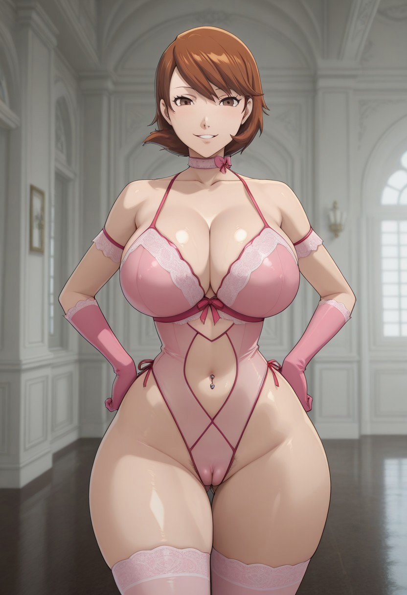 ai generated, big breasts, breasts, buk1t0, choker, female, hands on hips, highleg lingerie, light brown hair, lingerie, mansion, naughty face, persona 3, pink outfit, pubic hair, shorts, yukari takeba