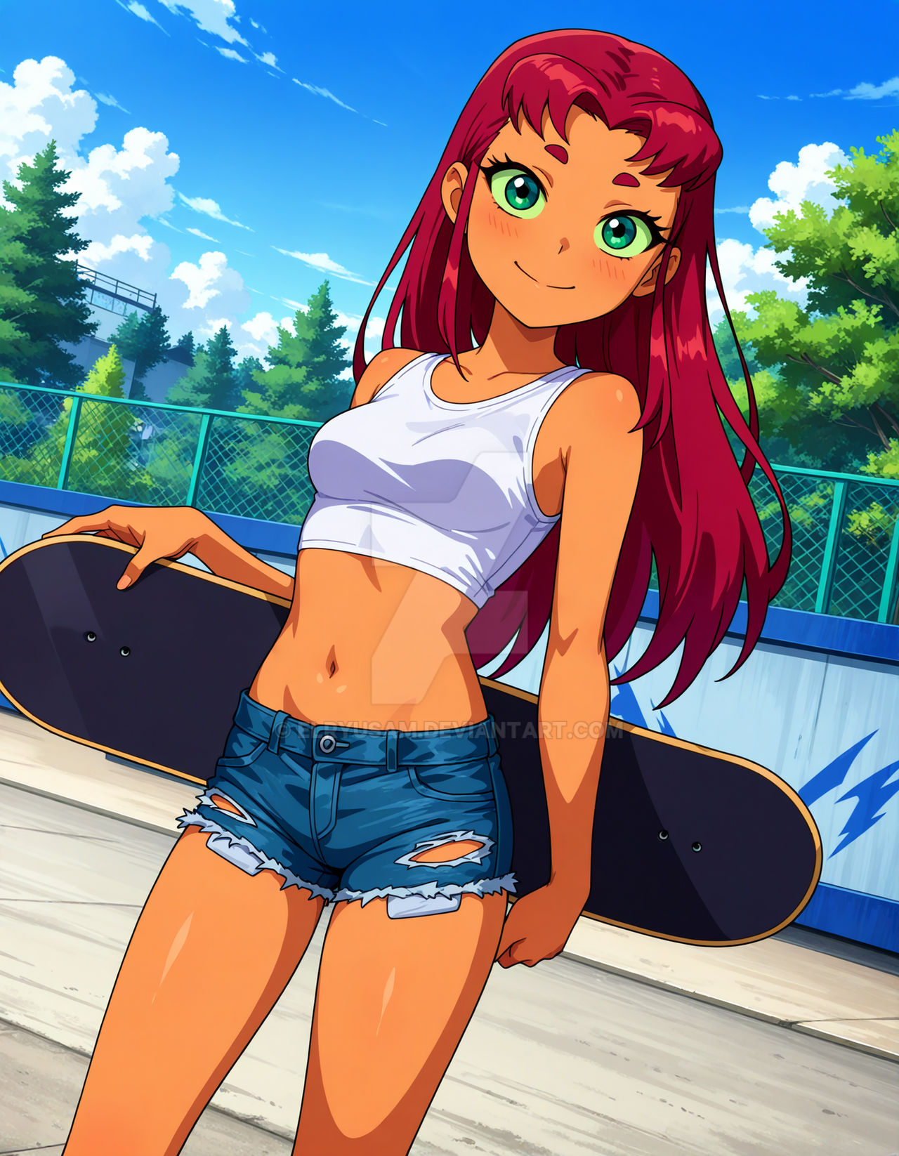 2025 ai_generated belly cartoon_network dcau deviantart elryusam green_eyes holding_skateboard meta not_porn orange_body orange_cheeks orange_skin red_eyebrows red_hair ripped_shorts short_jeans skate_park starfire_(teen_titans) teen_titans tummy white_top