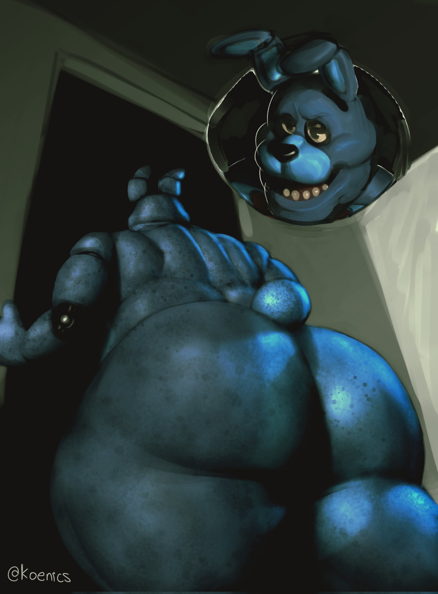 animatronic, anthro, ass, big ass, big butt, blue body, bonnie (fnaf), bonnie (snips456fur), five nights at freddy's, hi res, huge ass, huge butt, koenics, lagomorph, leporid, looking at butt, machine, male, mammal, overweight, overweight anthro, overweight male, rabbit, rear view, robot, slightly chubby, solo, tail, thick thighs, wide hips