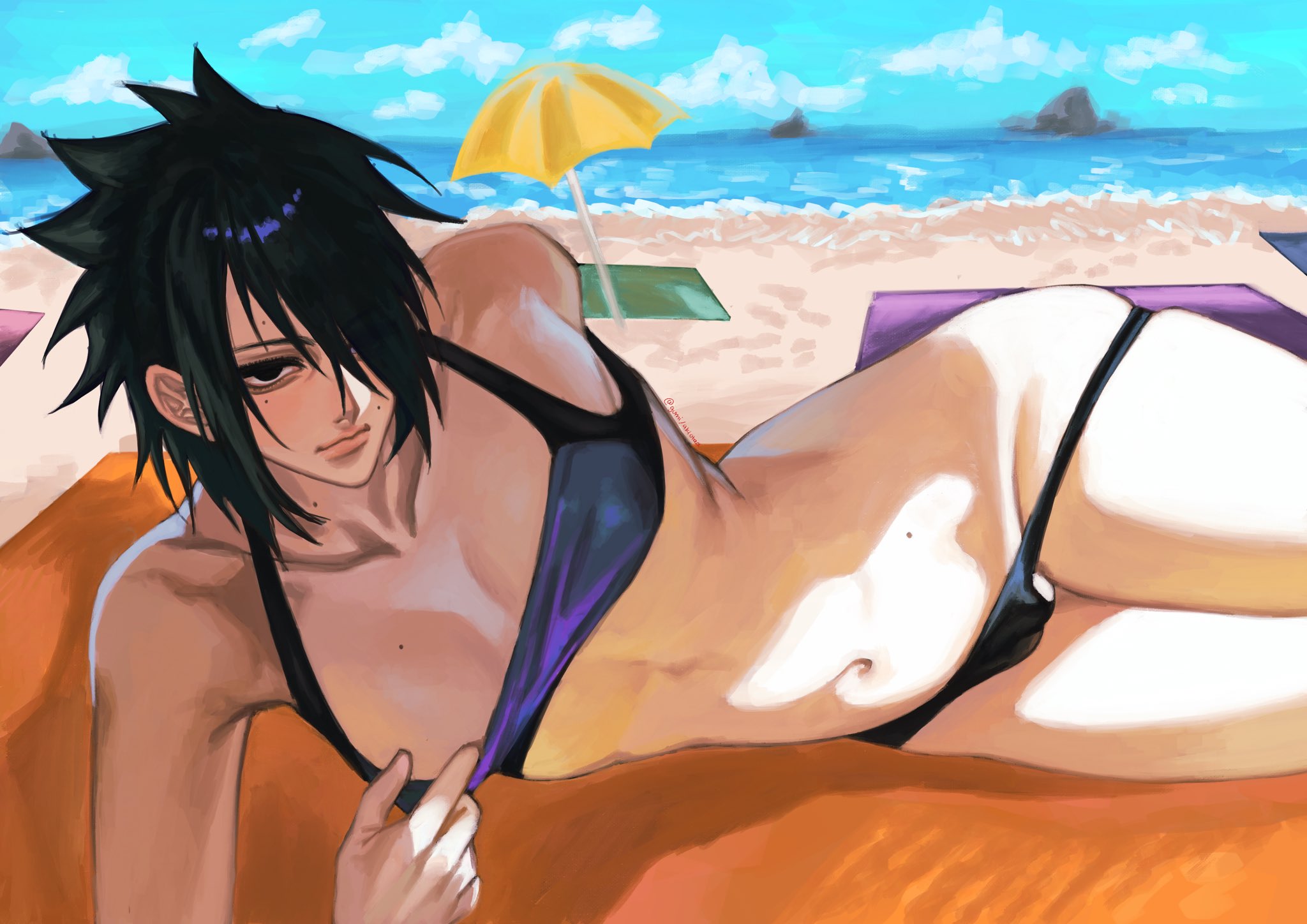 1girls, absurd res, absurdres, akiotaa, alternate version available, beach, bikini, bikini bottom, bikini pull, bikini top, black bikini, black bikini bottom, black bikini top, black eyes, black hair, black swimsuit, breasts, cameltoe, detailed background, emo, emo girl, female, female focus, female only, freckled face, freckles, freckles on breasts, freckles on face, gender transformation, genderswap, genderswap (mtf), goth, goth girl, hair over one eye, hi res, high resolution, highres, hips, hourglass figure, legs together, light skin, light-skinned female, lying, lying on side, medium hair, naruto, naruto (series), naruto shippuden, naruto: the last, ocean, on side, pale skin, pale-skinned female, panties, petite, pussy, rule 63, sasuke uchiha, sasuko, shonen jump, shoulder length hair, shounen jump, shueisha, small breasts, solo, solo female, solo focus, spiky hair, sunbathing, swimsuit, thighs, thighs together, towel, transformation, uchiha sasuke, vagina, very high resolution, weekly shonen jump, weekly shounen jump, wide hips